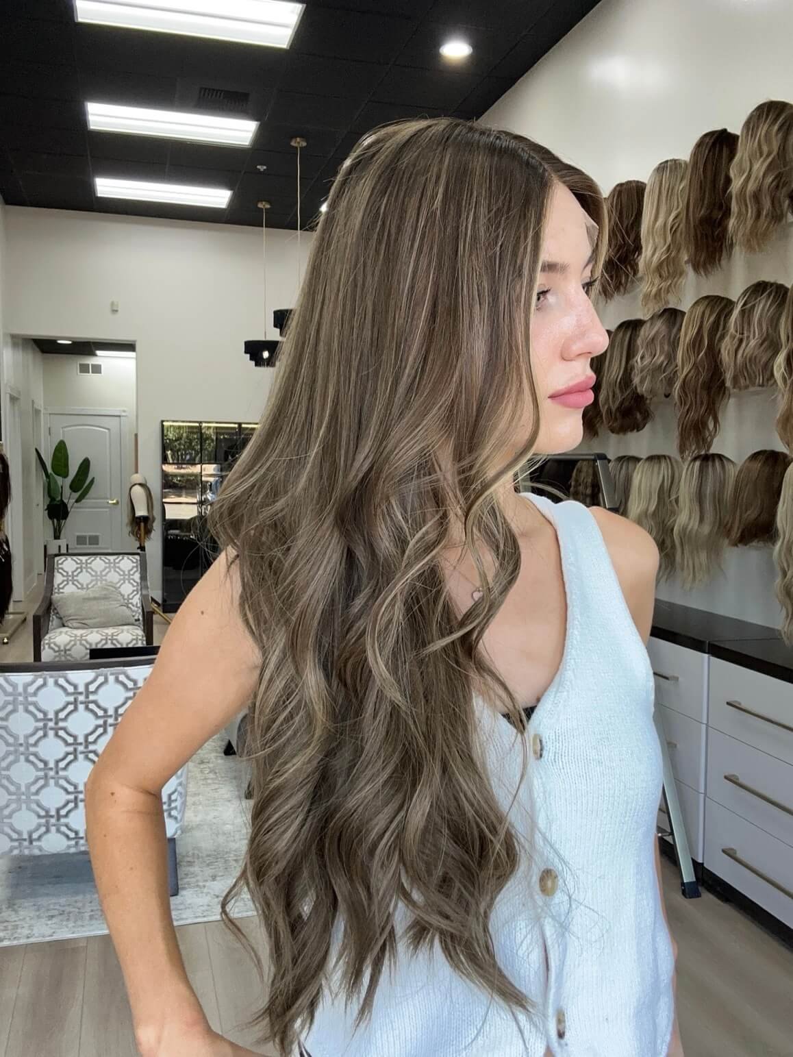 28-inch brown human hair wig with a Velvet Luxe base