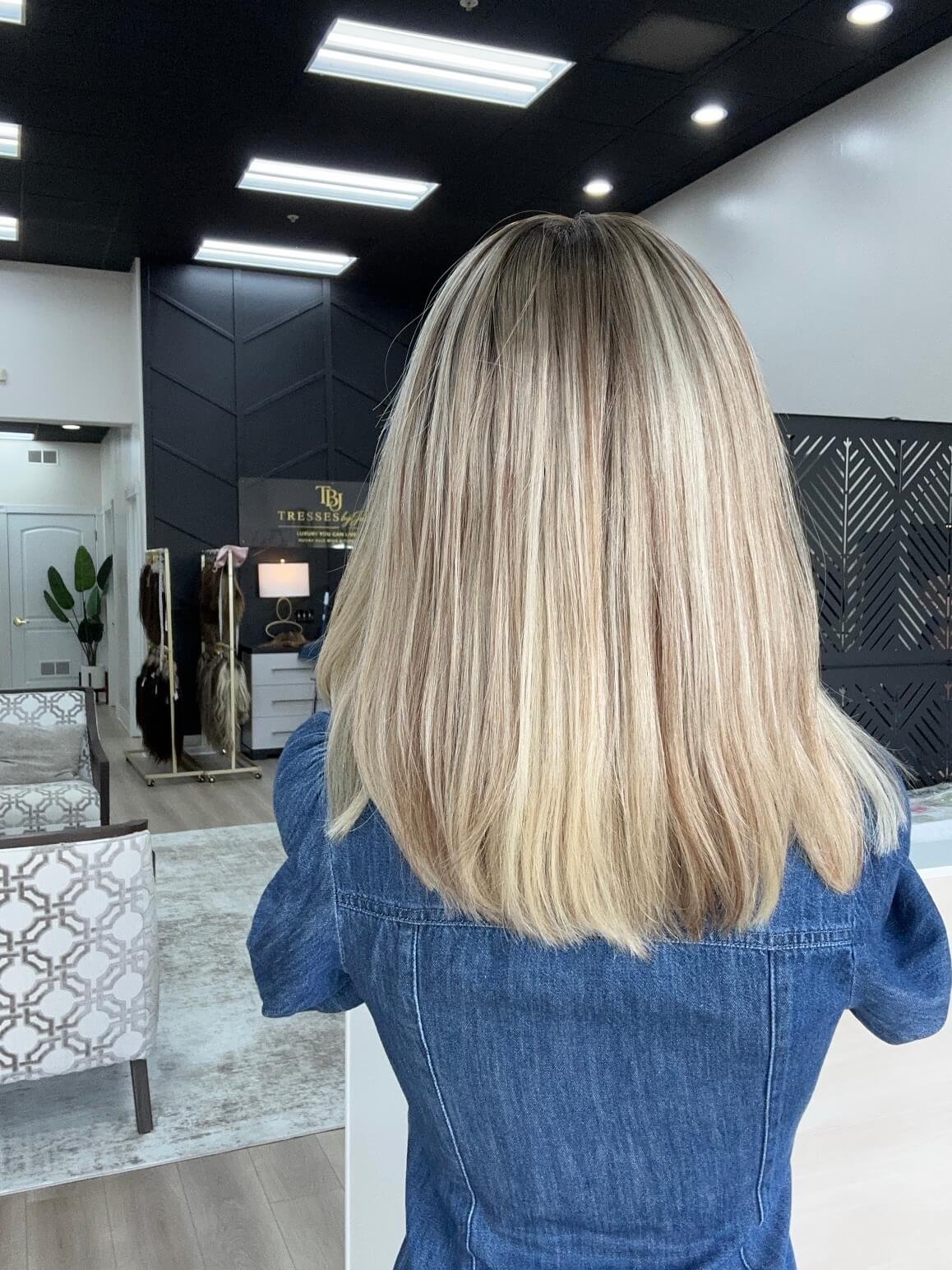 18-inch blonde Slavic human hair wig with a Diamond Lace Top base