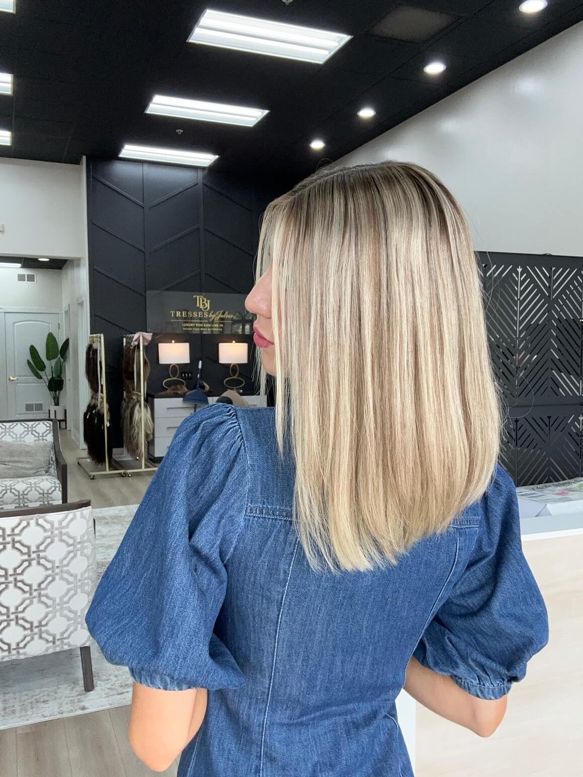 18-inch blonde Slavic human hair wig with a Diamond Lace Top base