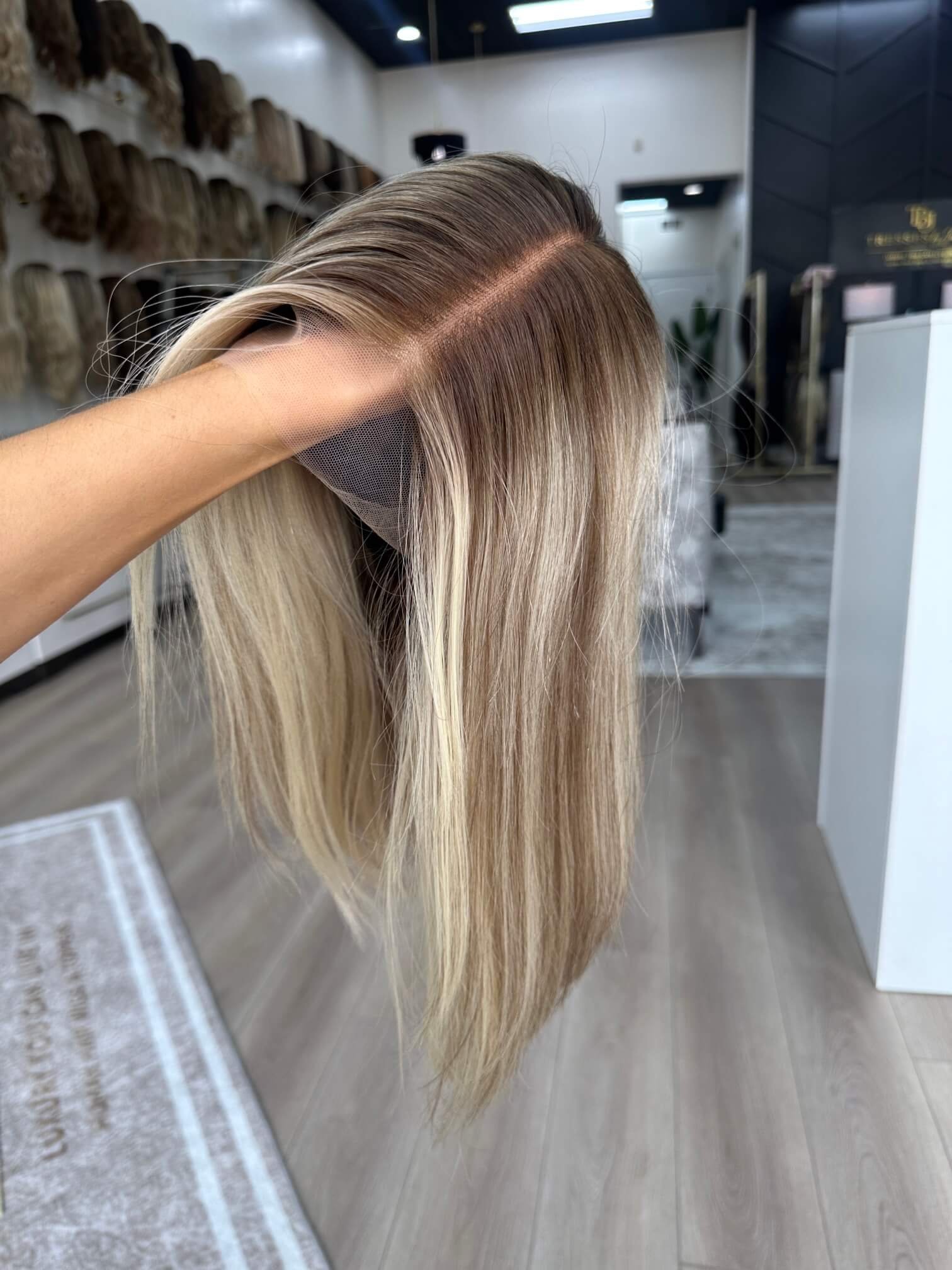 18-inch blonde Slavic human hair wig, glueless construction