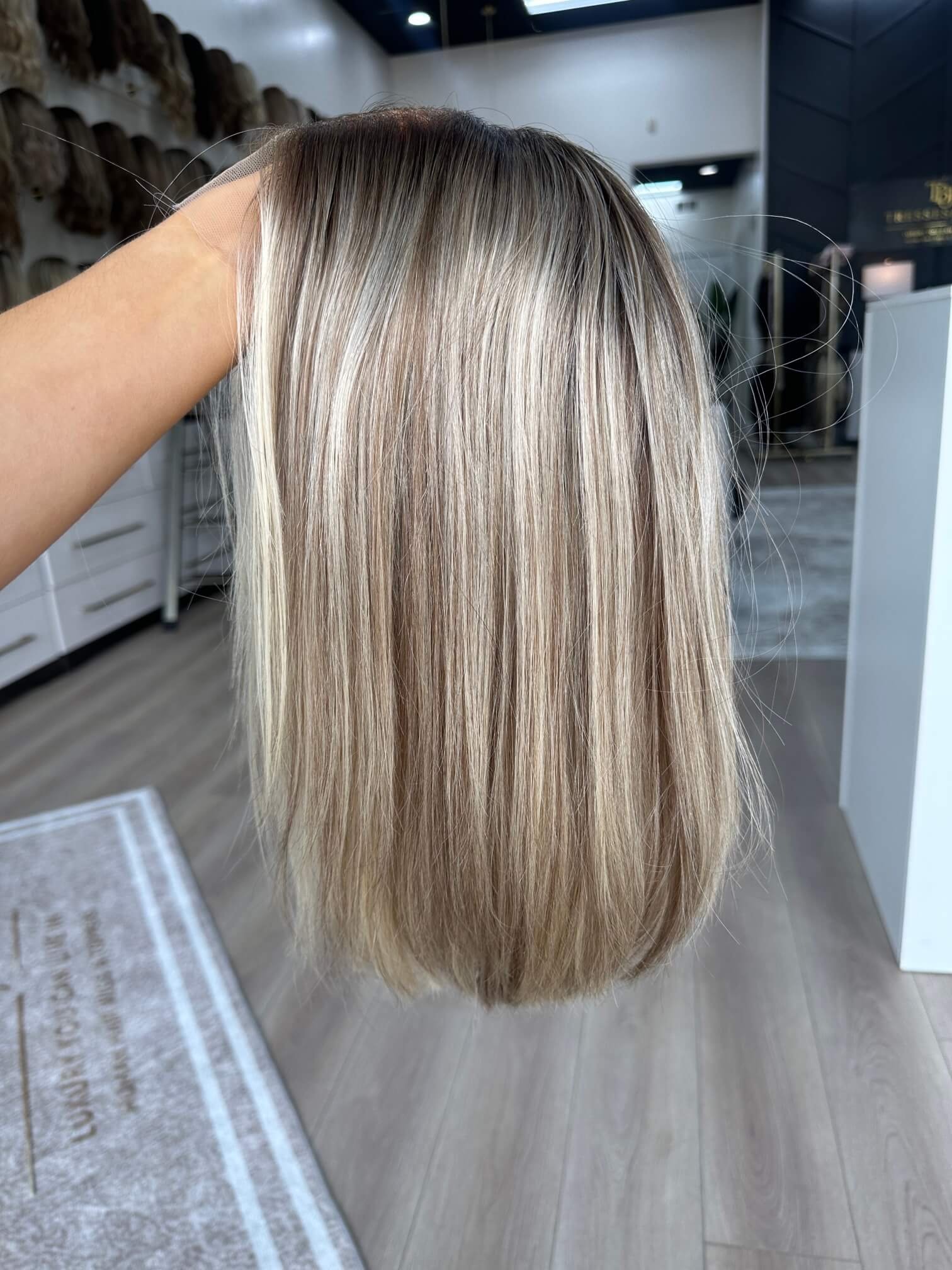 18-inch blonde Slavic human hair wig with a Diamond Lace Top base