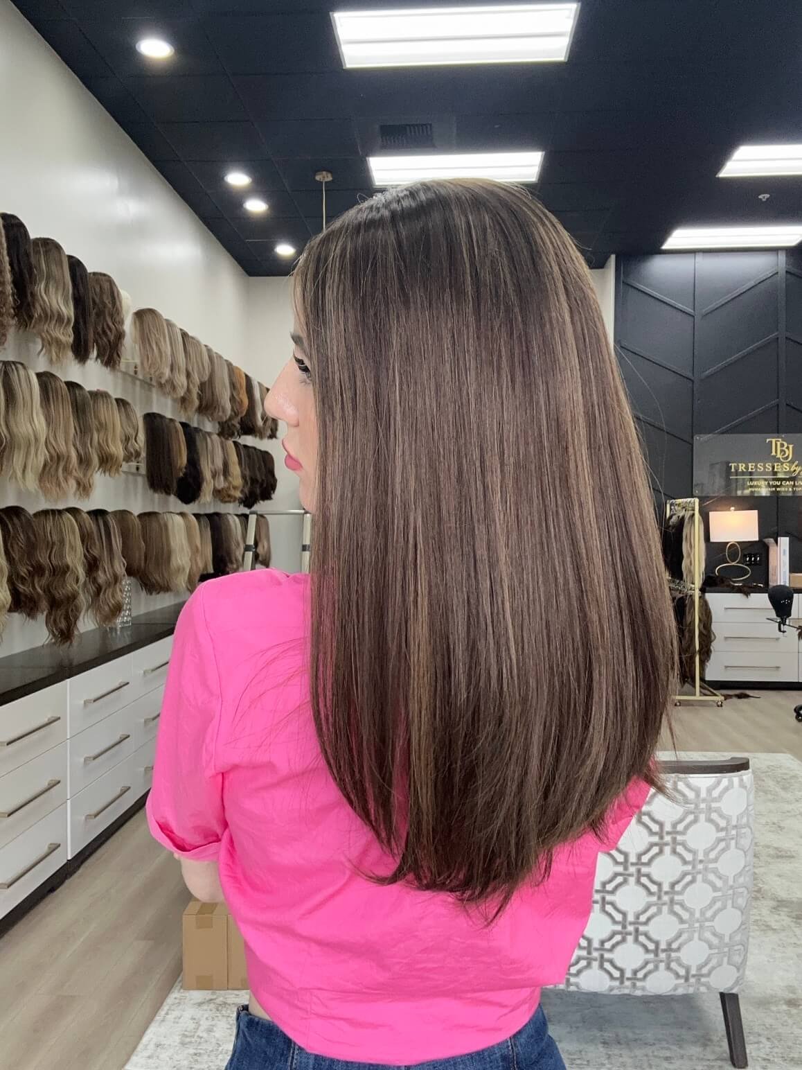 22-inch brown human hair wig with a Velvet Luxe base