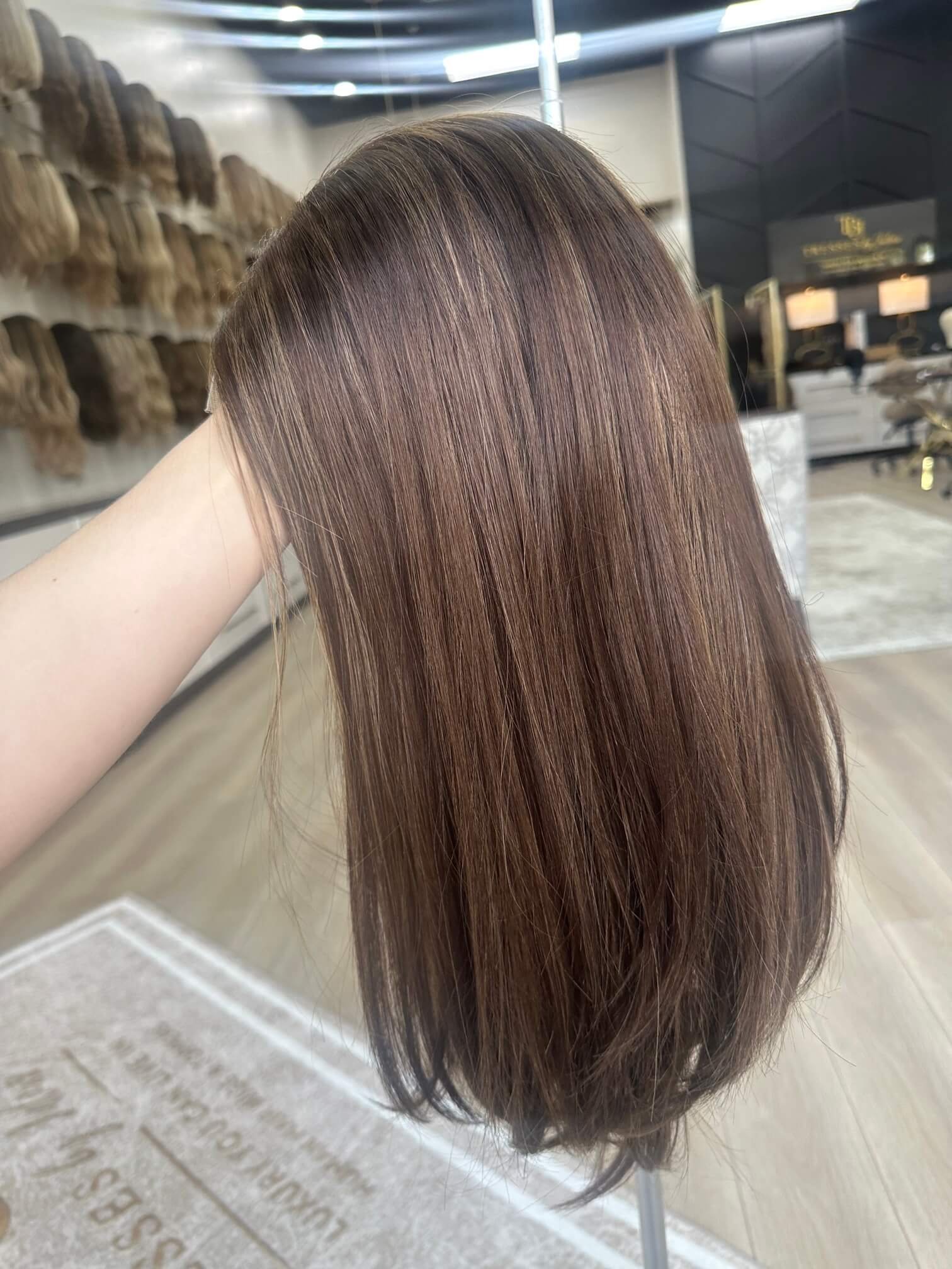 22-inch brown human hair wig, glueless construction