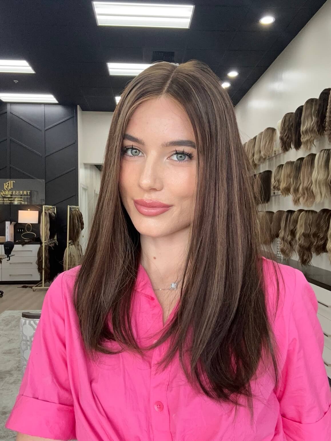 22-inch brown human hair wig with a Velvet Luxe base