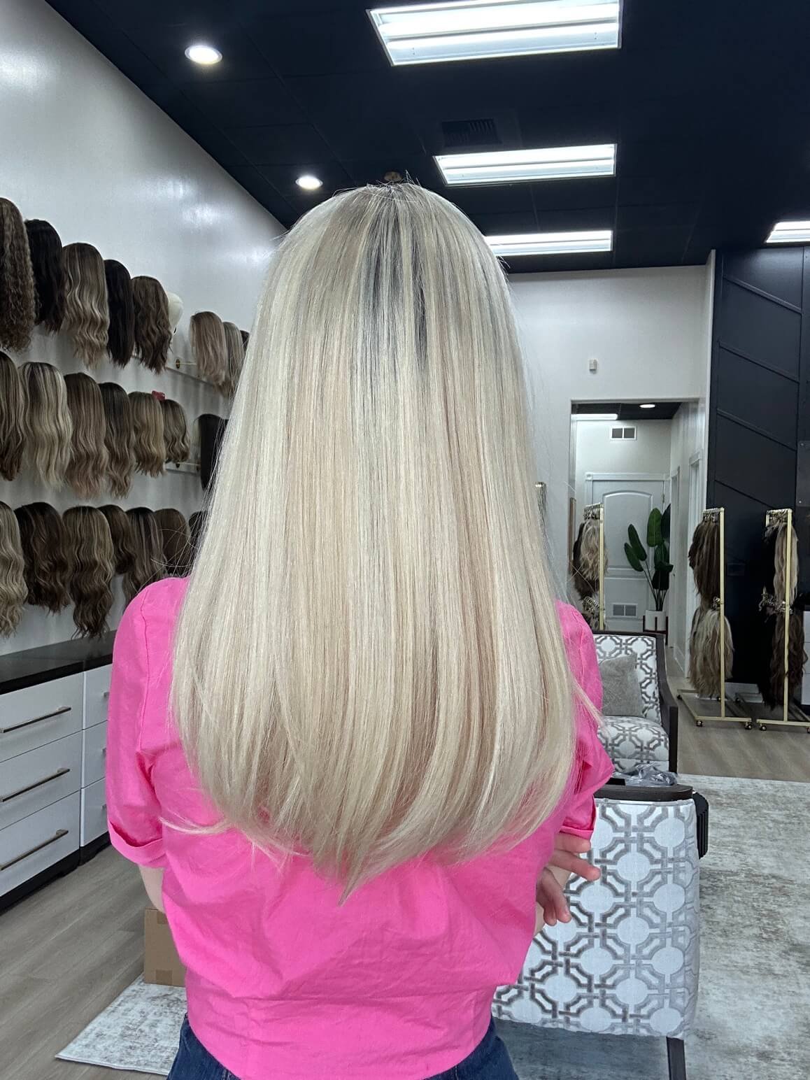 22-inch blonde human hair wig with a Velvet Luxe base