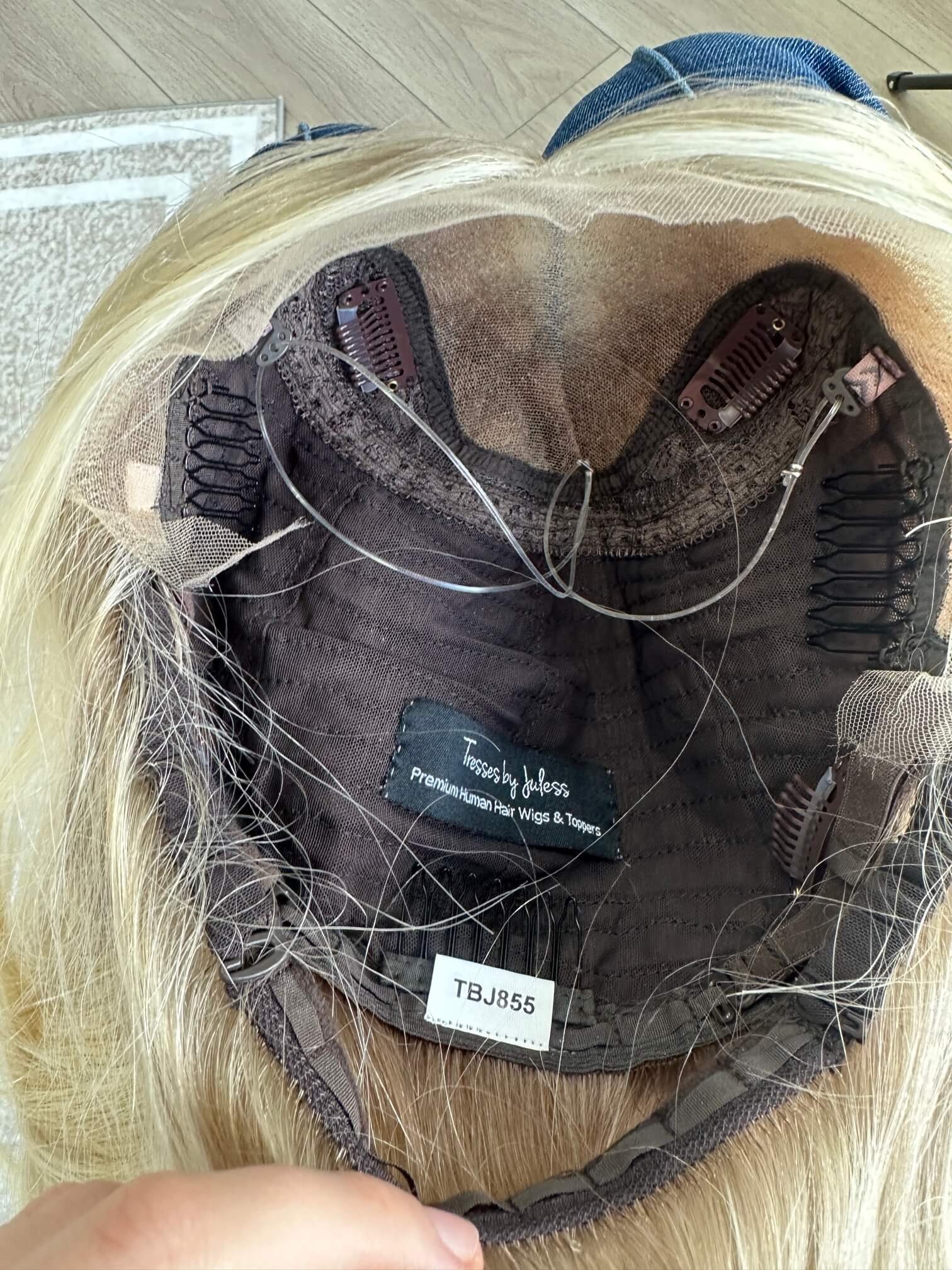 22-inch blonde human hair wig with a Velvet Luxe base