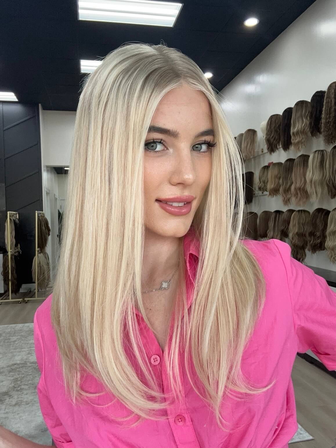 22-inch blonde human hair wig with a Velvet Luxe base