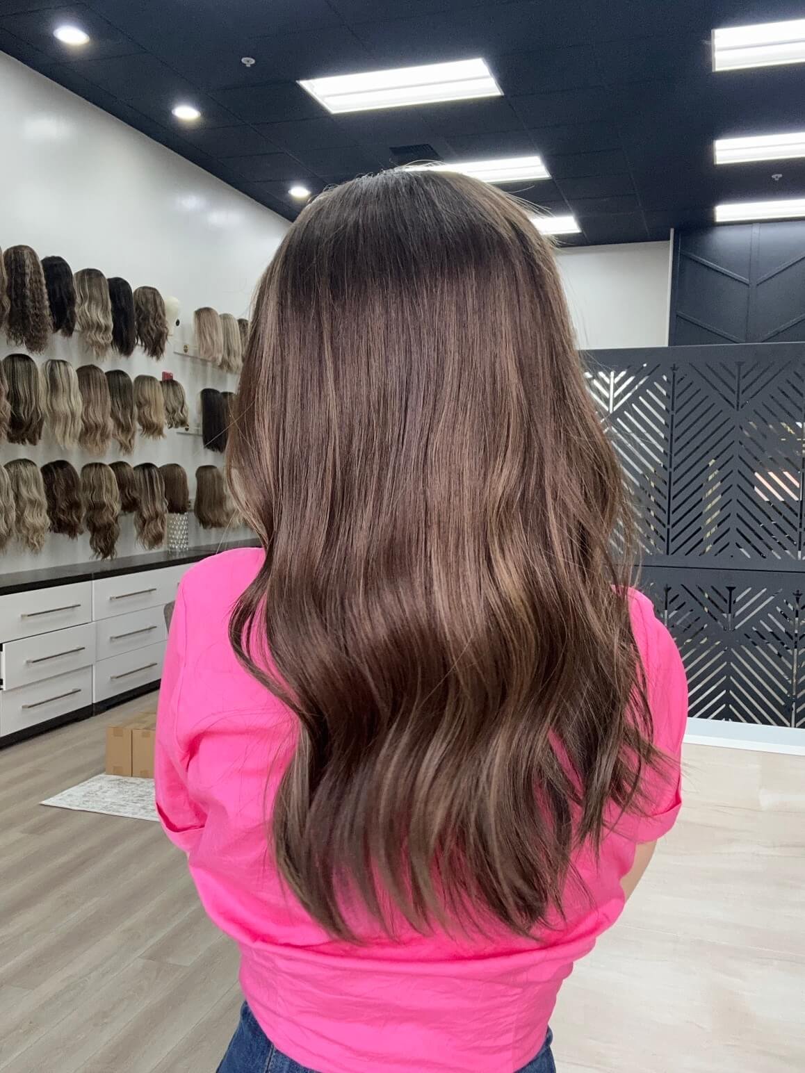 20-inch brown human hair wig with a Velvet Luxe base