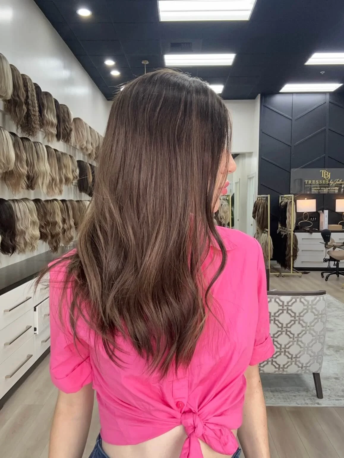 20-inch brown human hair wig with a Velvet Luxe base