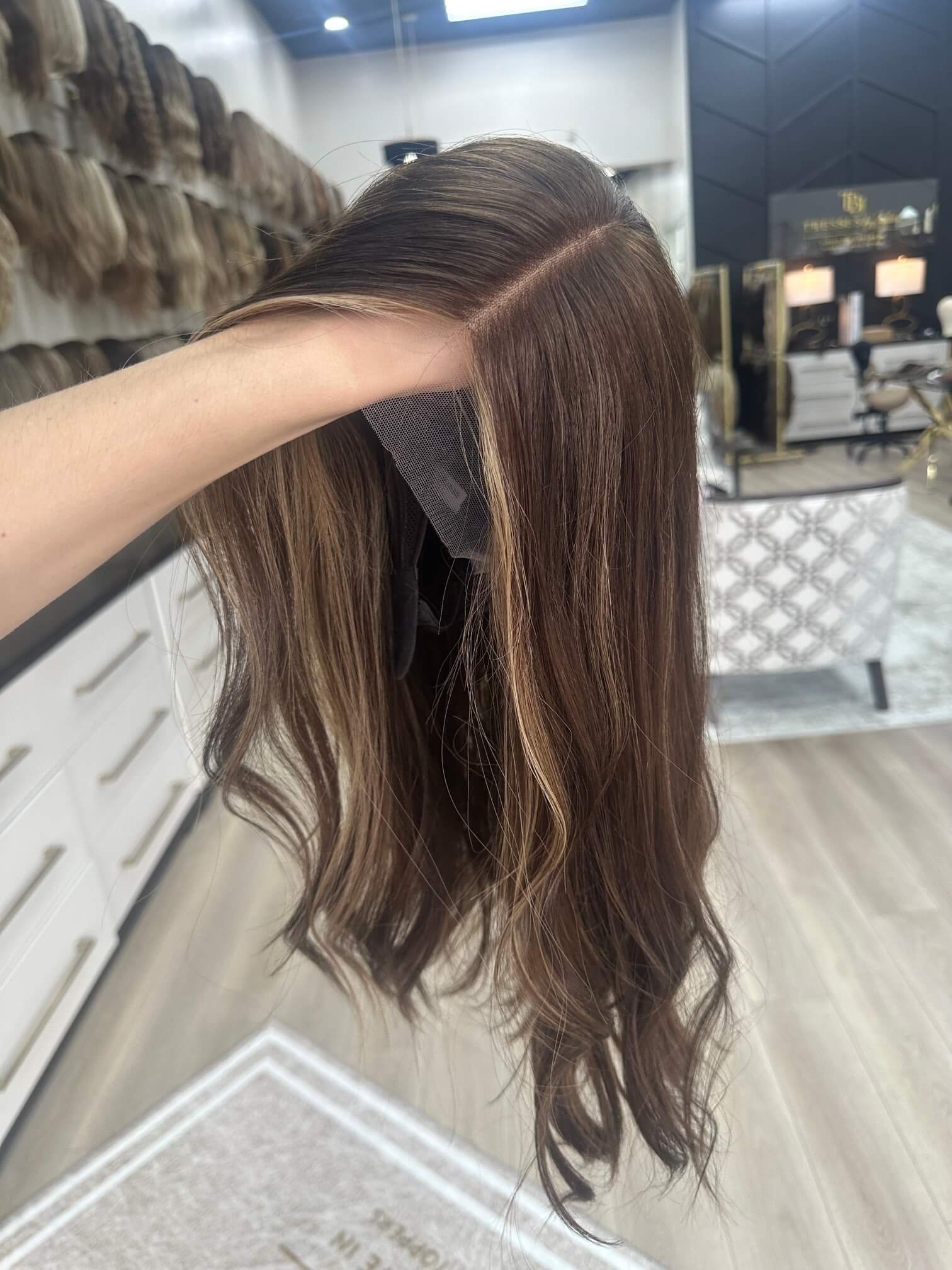 20-inch brown human hair wig, glueless construction