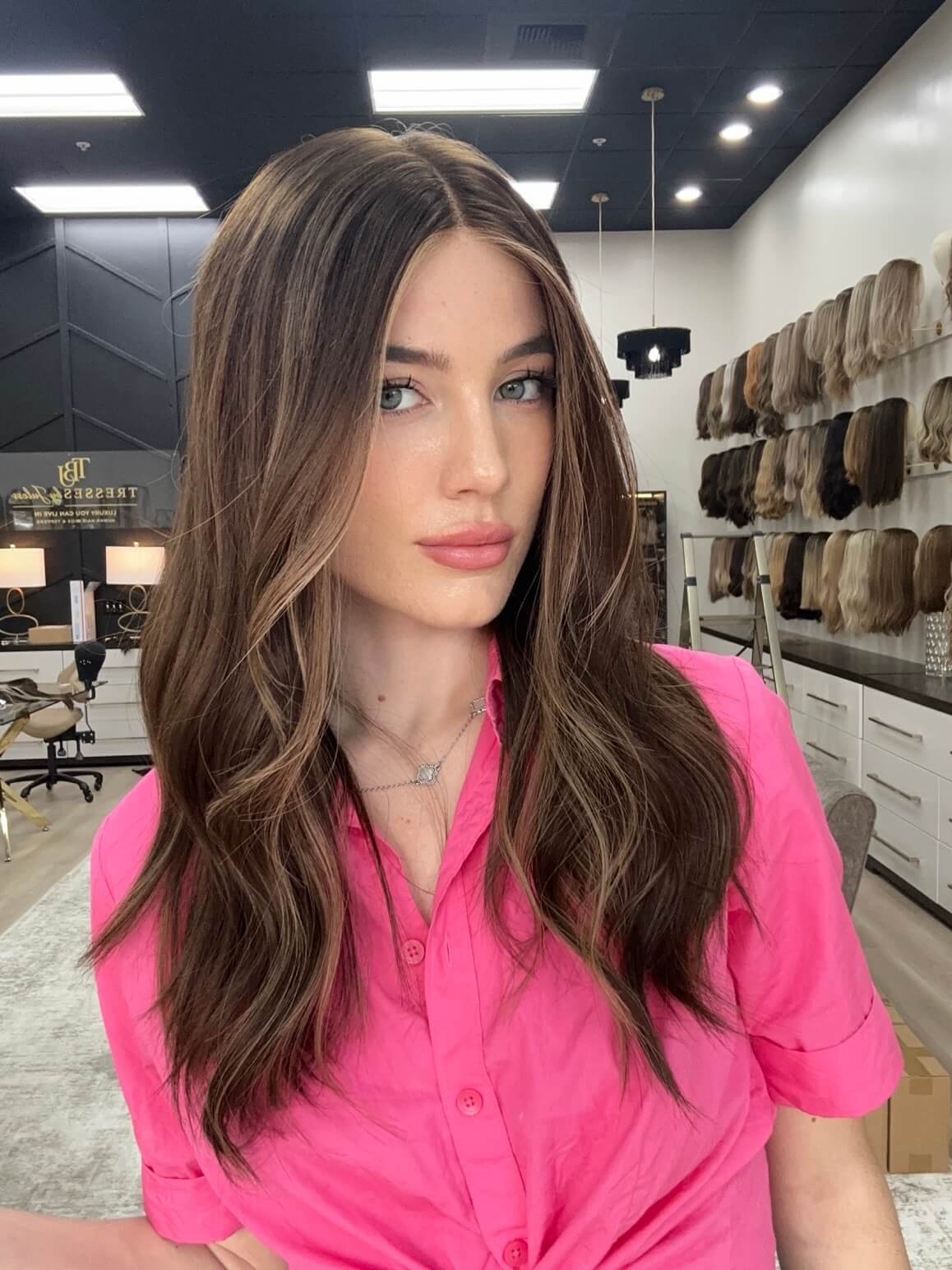 20-inch brown human hair wig with a Velvet Luxe base