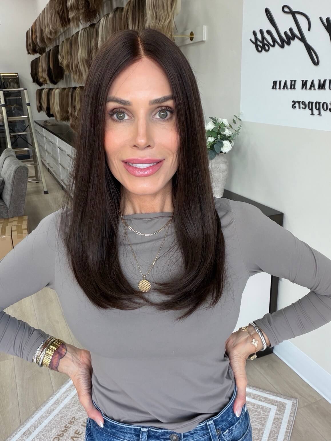 22-inch brown European human hair wig with 22-inch length