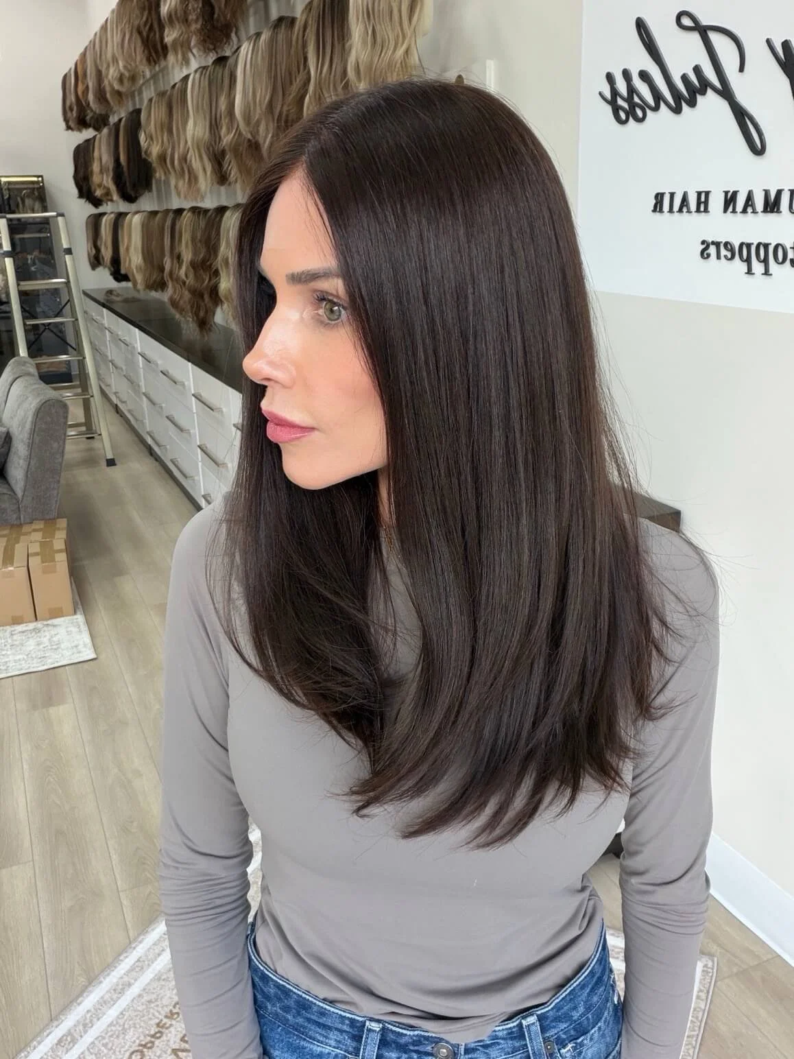 22-inch brown European human hair wig with a Velvet Luxe base