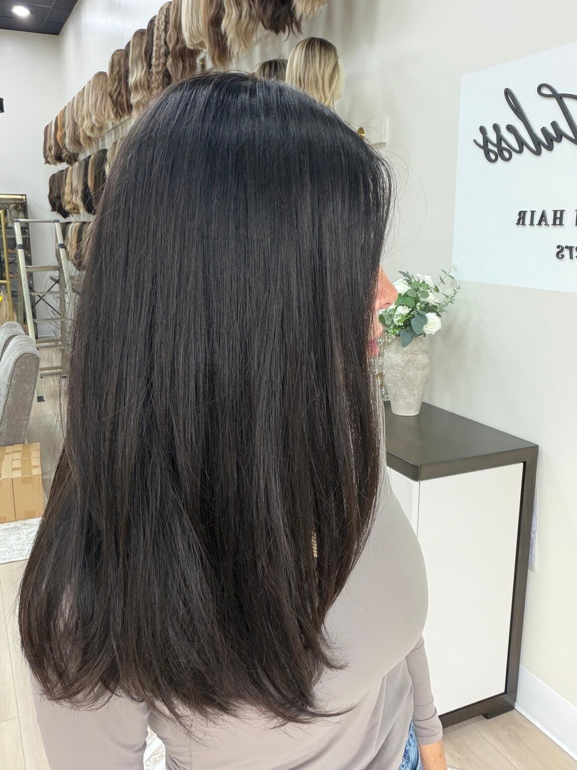 22-inch brown European human hair wig with a Velvet Luxe base
