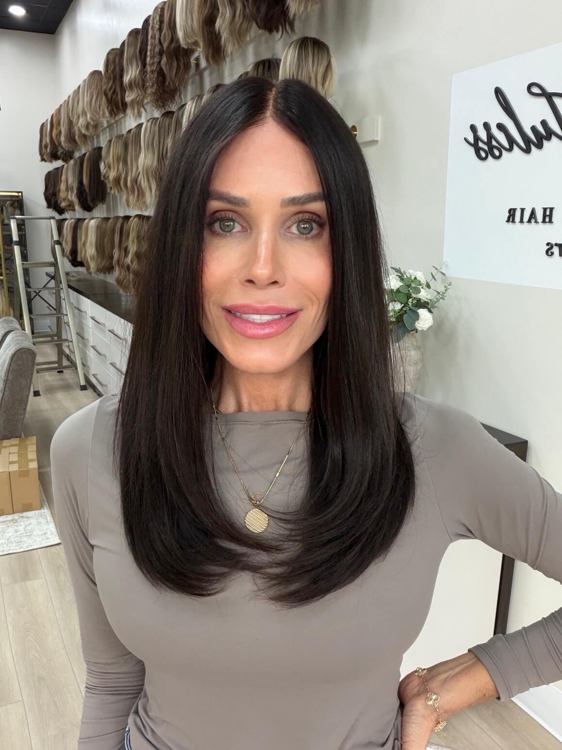 22-inch brown European human hair wig with a Velvet Luxe base