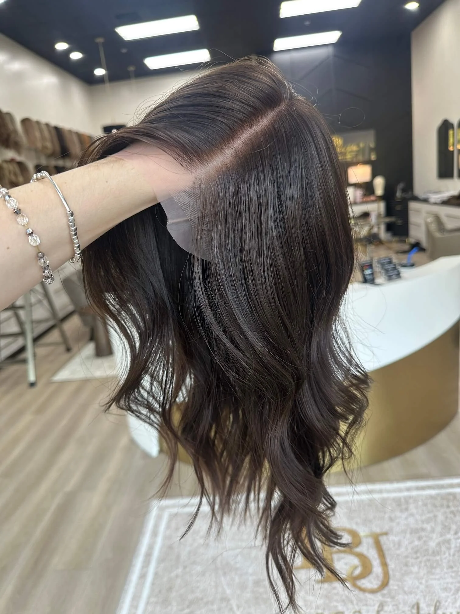 23-inch brown Slavic human hair topper, glueless construction