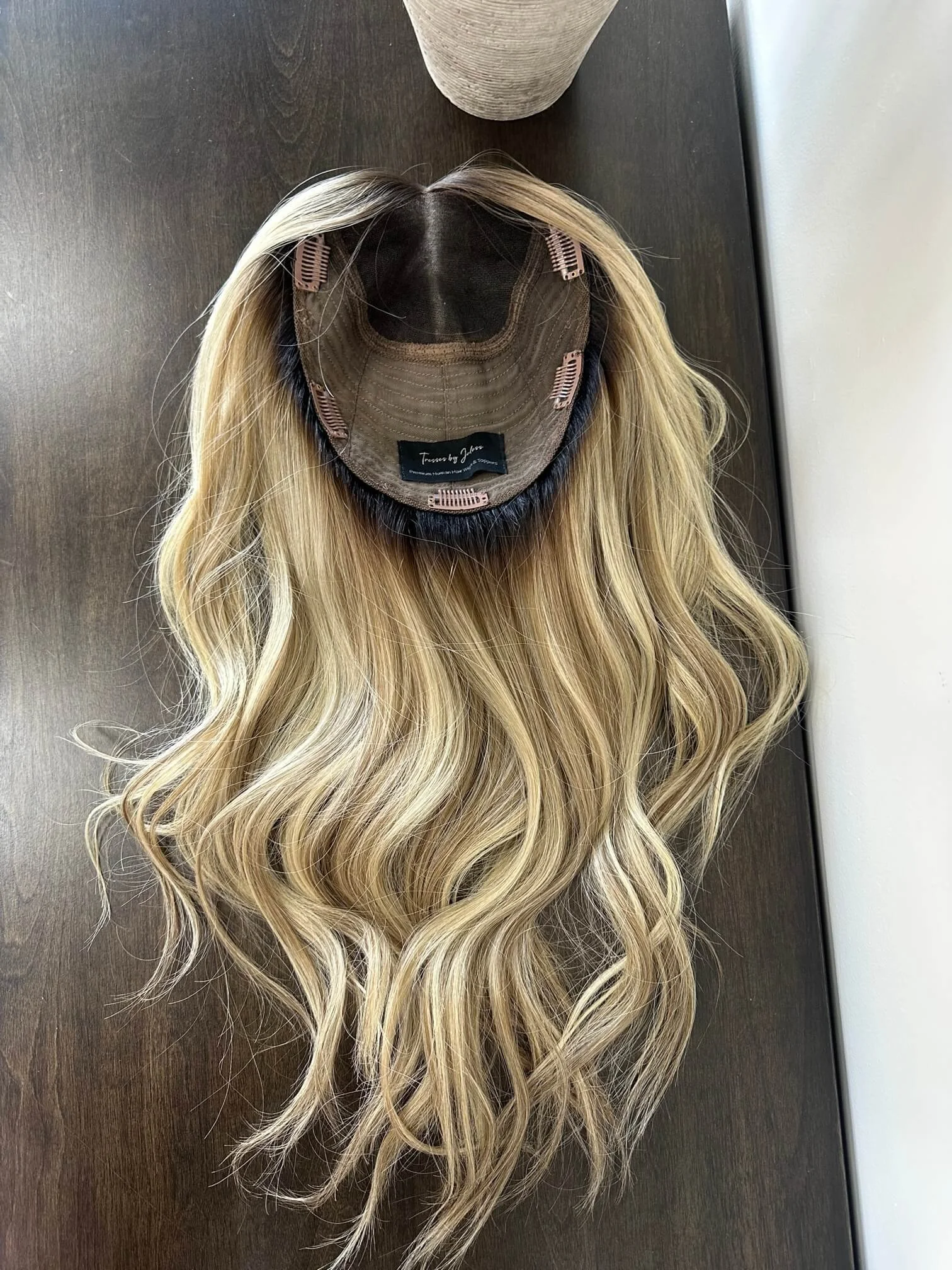 24-inch blonde Slavic human hair topper with a Diamond Lace Top base