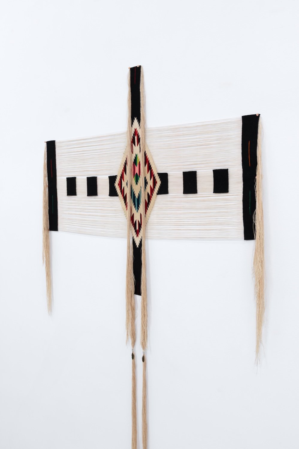 Birdsong Calling : A Sacred Migration, 2025  Deconstructed serape, found hummingbird feathers, handmade Mexican silver coils, copper nails, interfacing 59 x 34 inches (web edit IV).jpg
