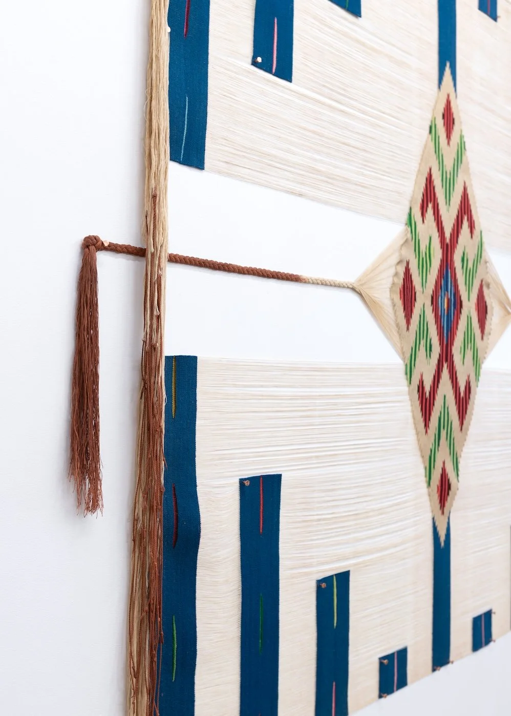 Painted Earth, Body, Sky : Body to Earth, Body to Ancestral Memories, 2025 Deconstructed serape, handmade red ochre watercolor, copper nails, interfacing 72.5 x 54.5 inches (web edit V).jpg