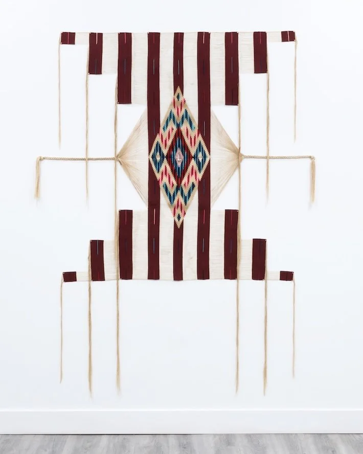 Conduits of Energy : from Time Immemorial, Ancestors Watching, 2024 Deconstructed serape, quartz crystal from childhood, copper nails, interfacing 72 x 60 inches (web edit I).jpg