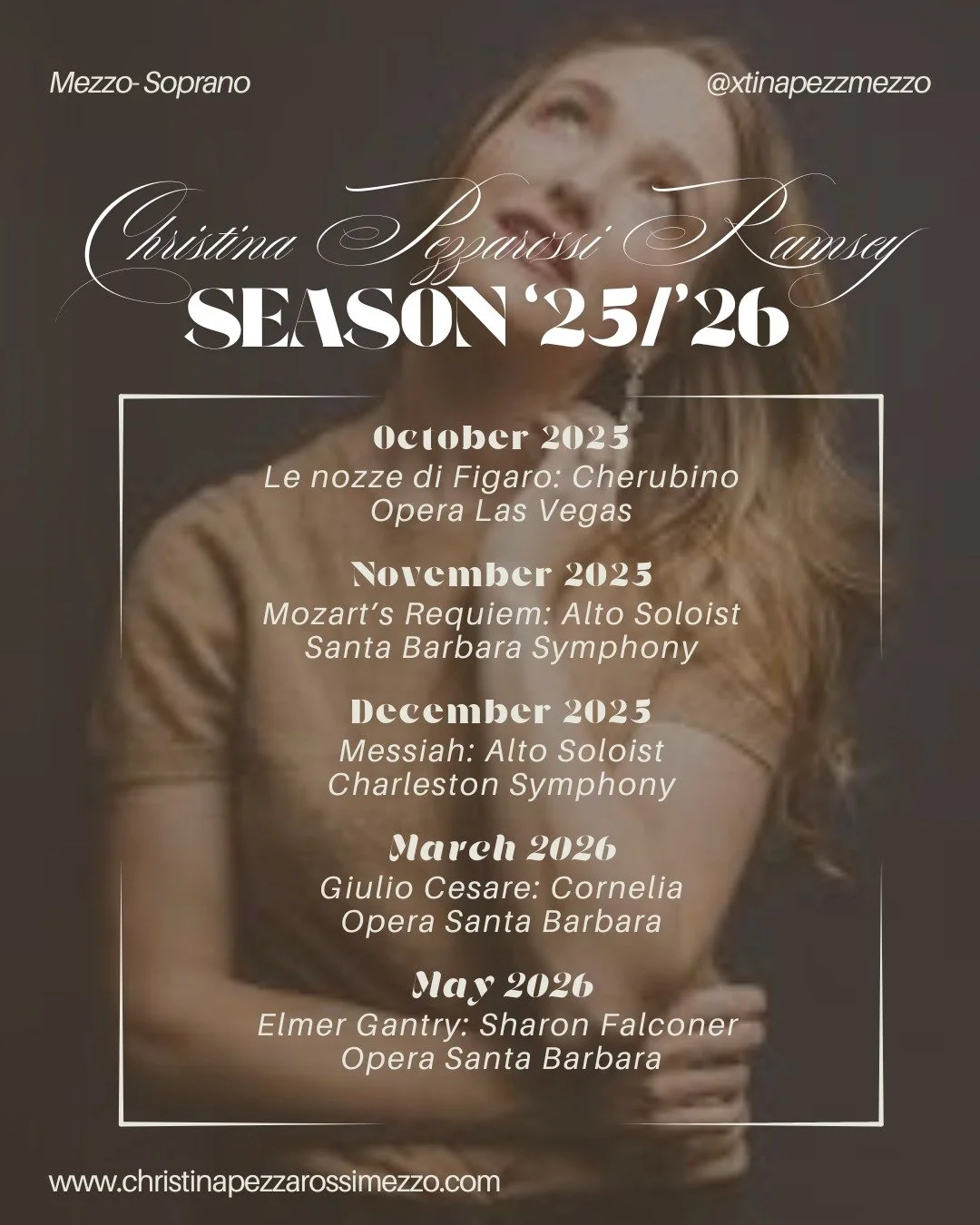 β¨ Thrilled to share my 2025–2026 season! β¨
I’m so excited for the incredible music and stages ahead so far this year:
π October 2025 – Le nozze di Figaro (Cherubino) – @operalasvegas
πΆ November 2025 – Mozart’s