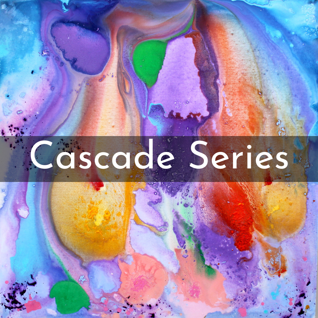 Cascade Series- This series encapsulates the experimentation of many agents, media and materials. There is an ongoing tension at play between the gloss, satin and matte levels of reflectivity on the grounded surfaces of these pieces. These works docu