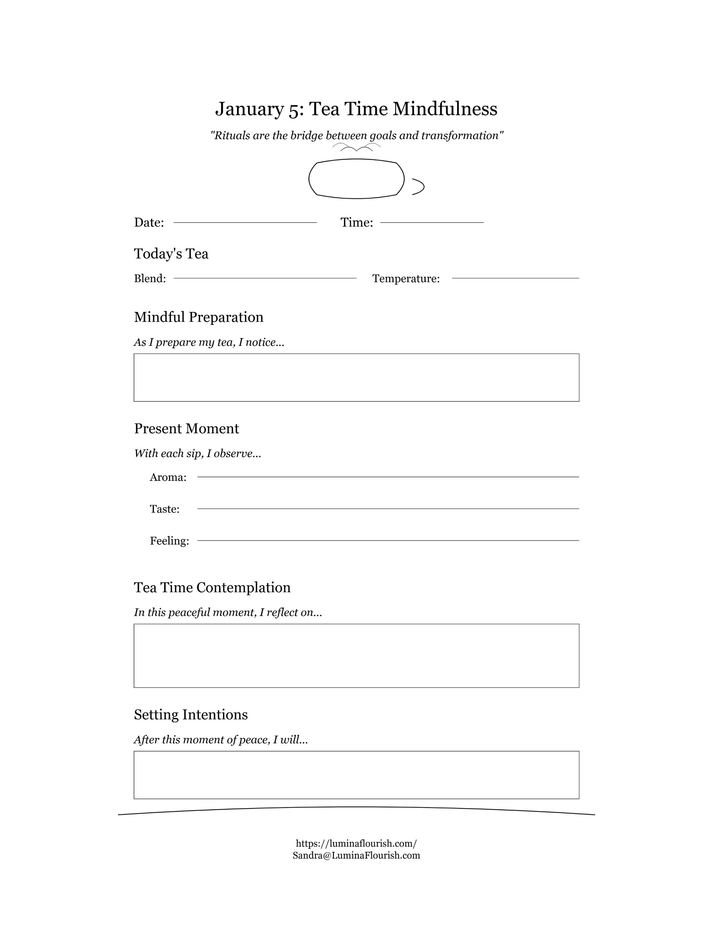 Mindful Tea Reflection Journal: January 5 Worksheet for Intentions - FREE Digital Download