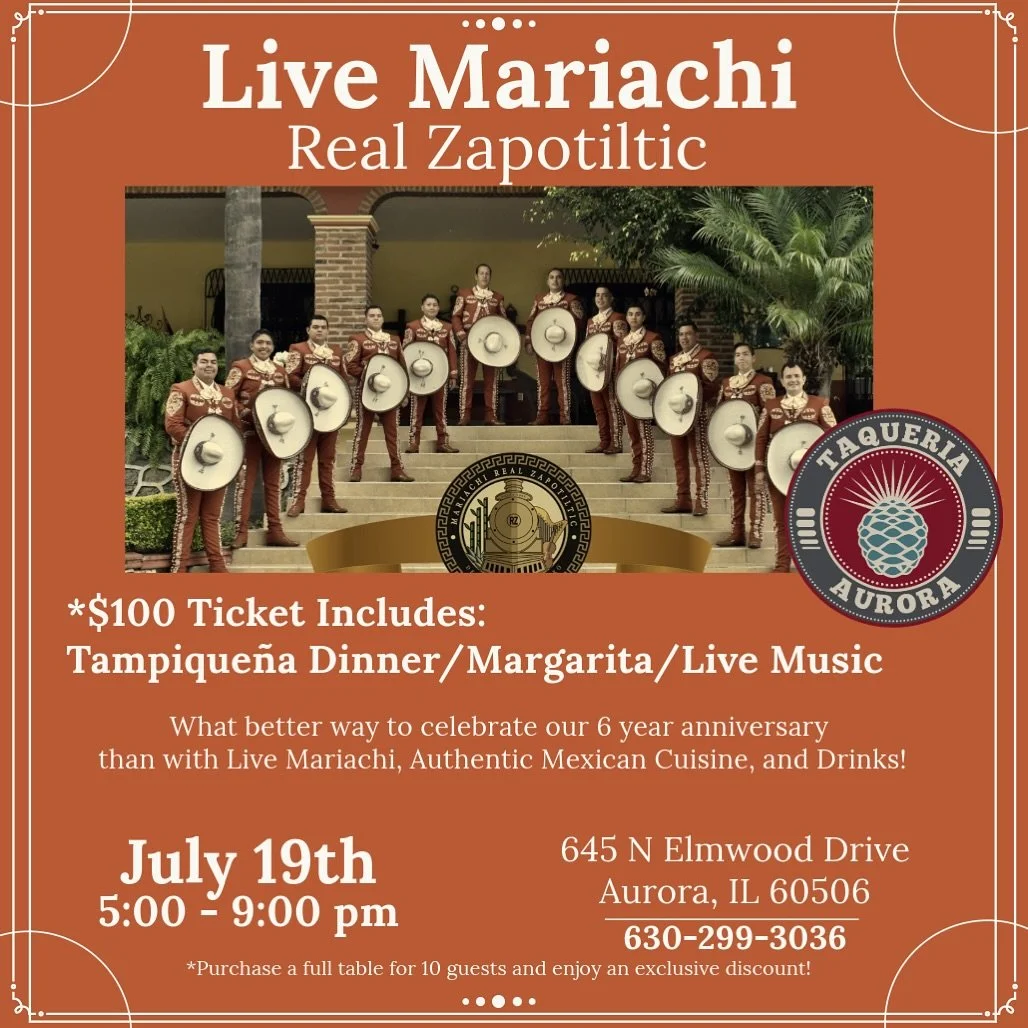 ✨Join Us for our second annual Noche Mexicana with Live Mariachi, Authentic Mexican Cuisine &amp; Margaritas!

Celebrate Taqueria Aurora&rsquo;s 6th Anniversary with Real Zapotiltic Mariachi🎺🎻, a delicious Tampique&ntilde;a 🥩dinner, and refreshing