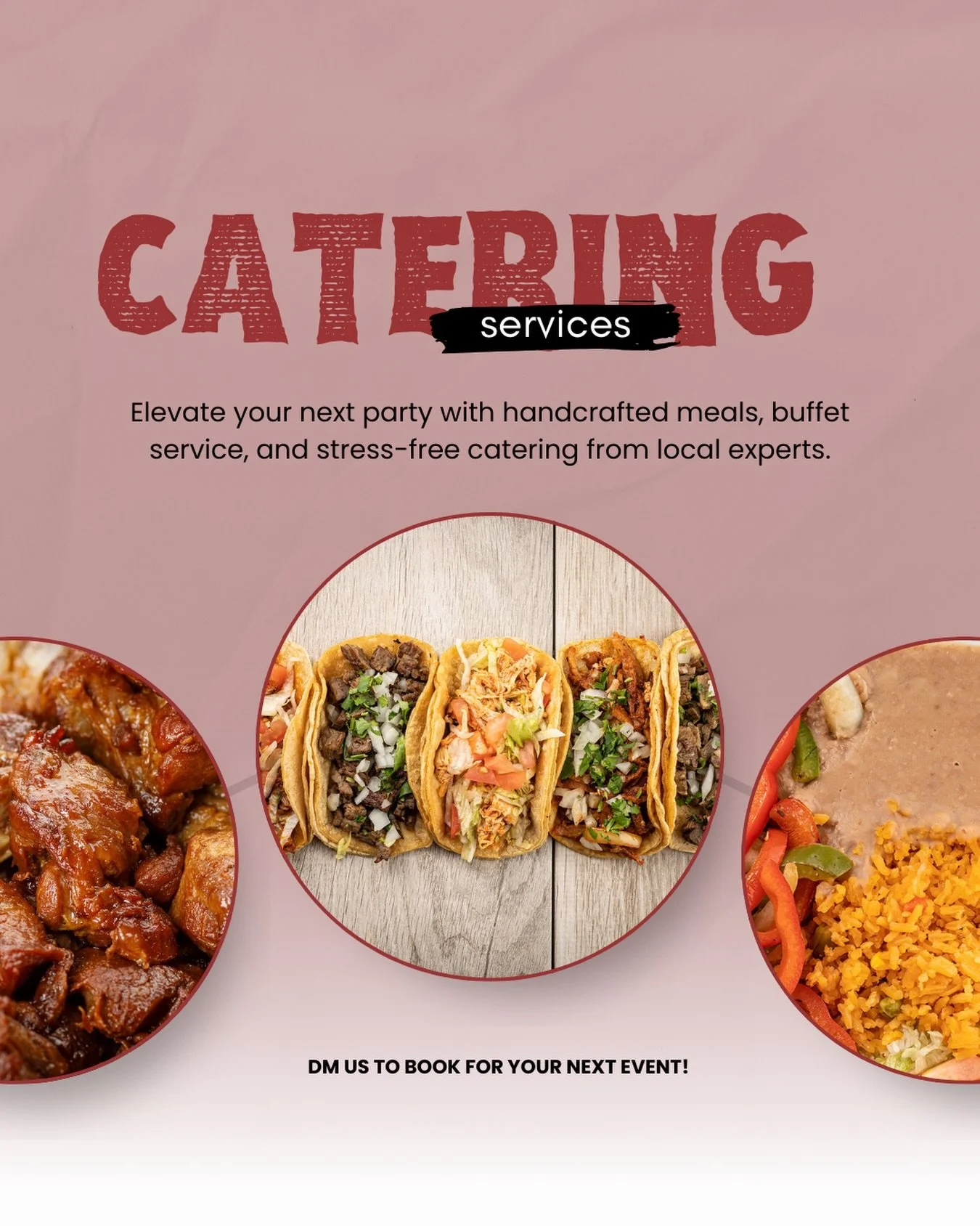 Spring is right around the corner, and that means event season is about to be in full swing! 

Don&rsquo;t let cooking stress you out.

We cater for events large and small so you don&rsquo;t have to worry. 
We bring the tacos. You take the credit. 🌮