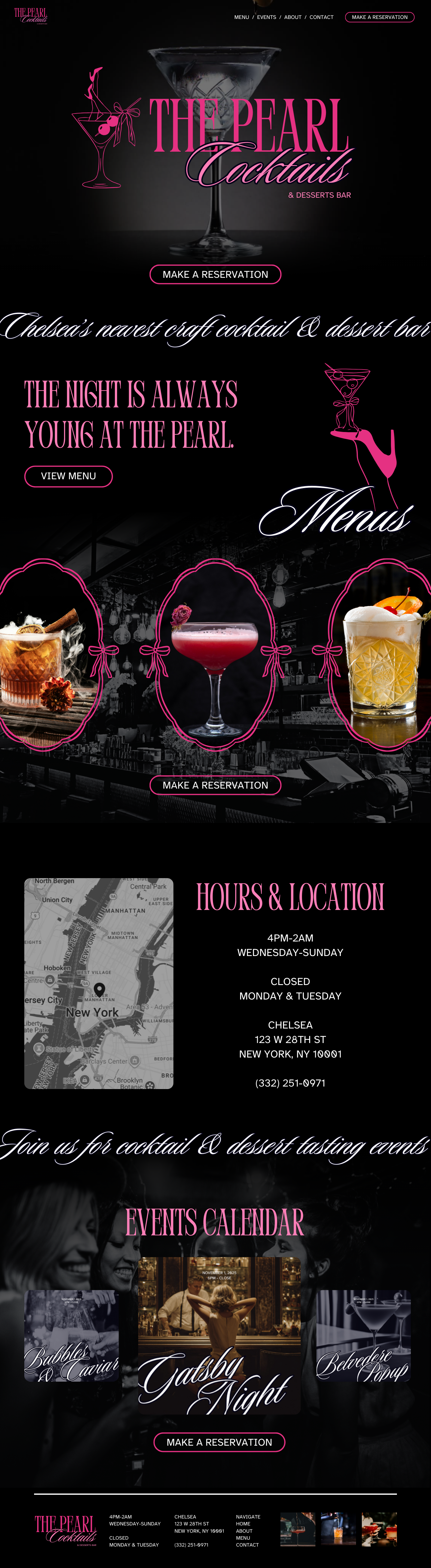 Website homepage for The Pearl Cocktails & Desserts Bar in New York, featuring a cocktail glass with a pink decorative element, event and reservation options, a map of the location, and a section for events and menu offerings.