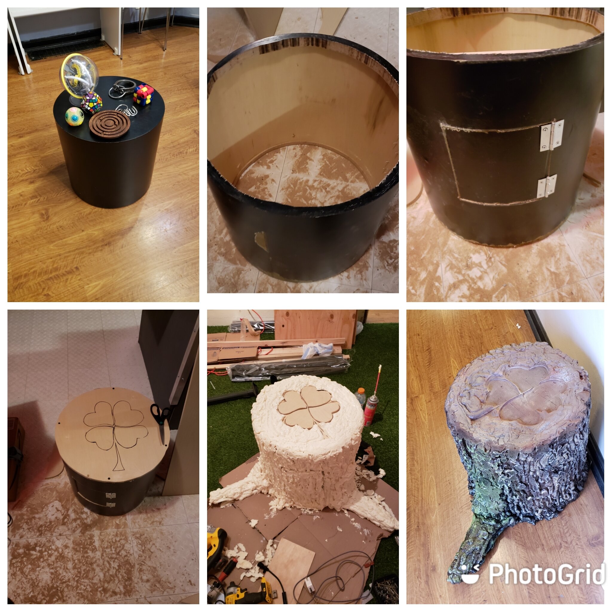 Progression build of tree stump with puzzle.