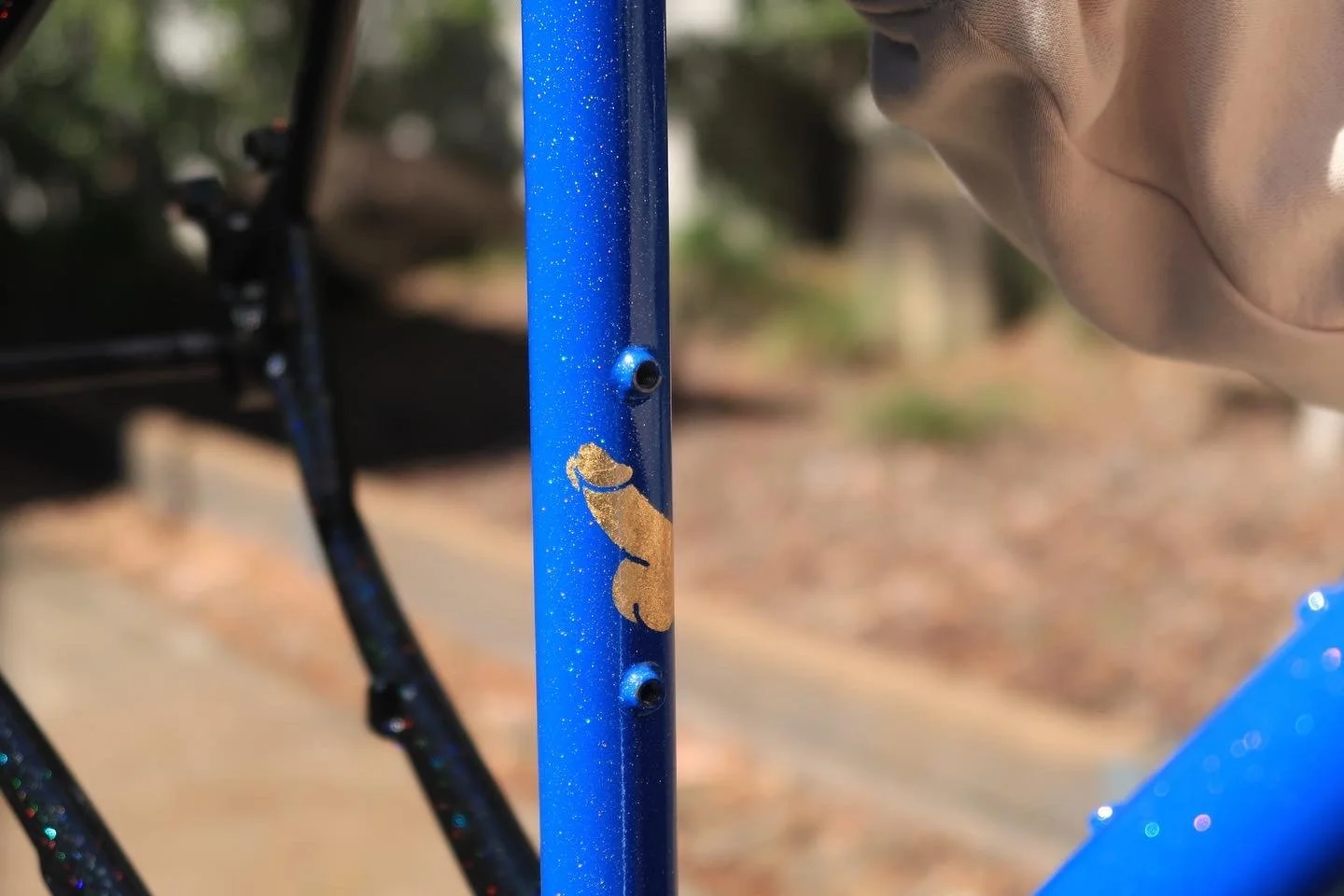 Close-up of a blue bicycle frame with a gold decal of a dog, with a blurred background.