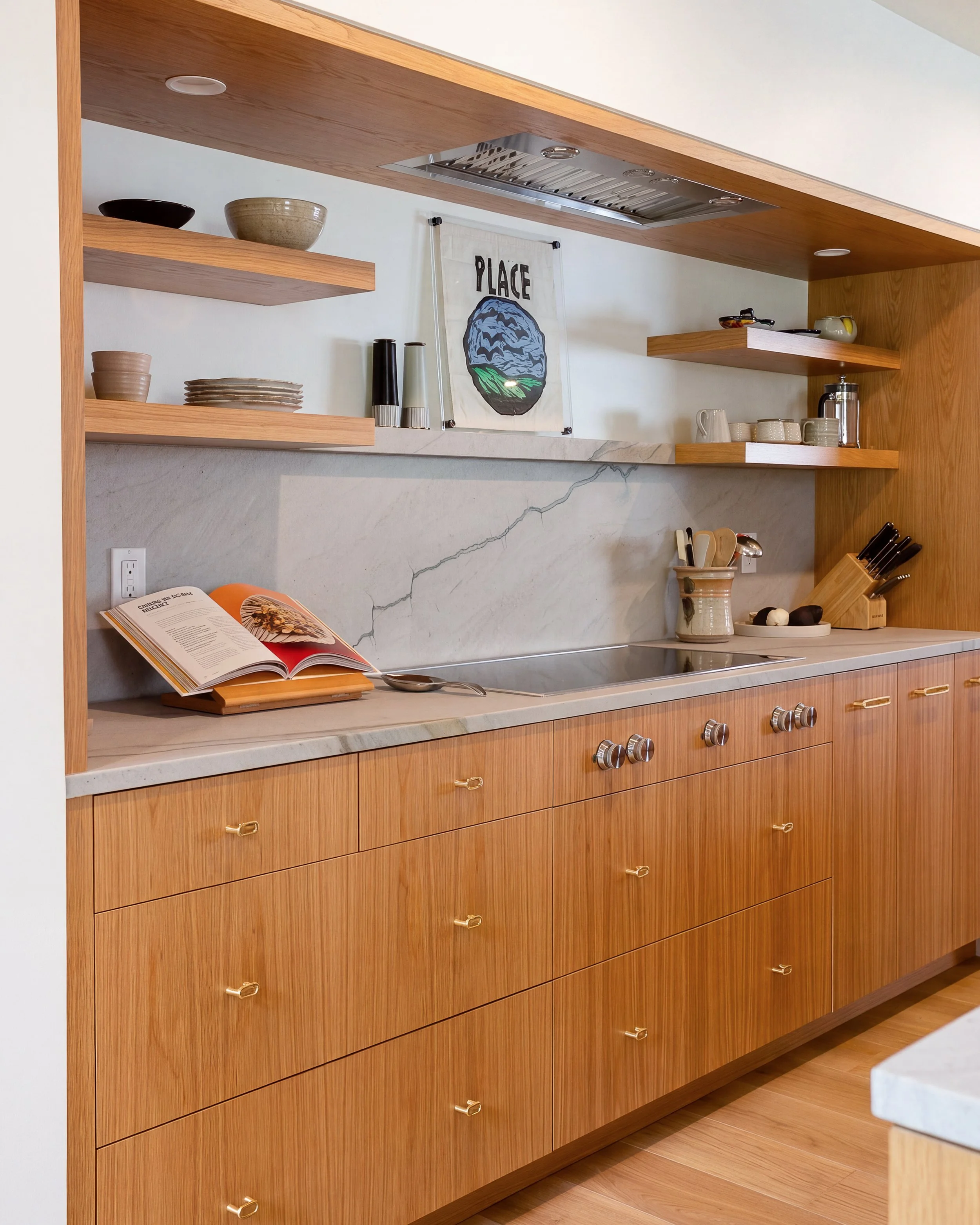 a built-in area of wood cabinets