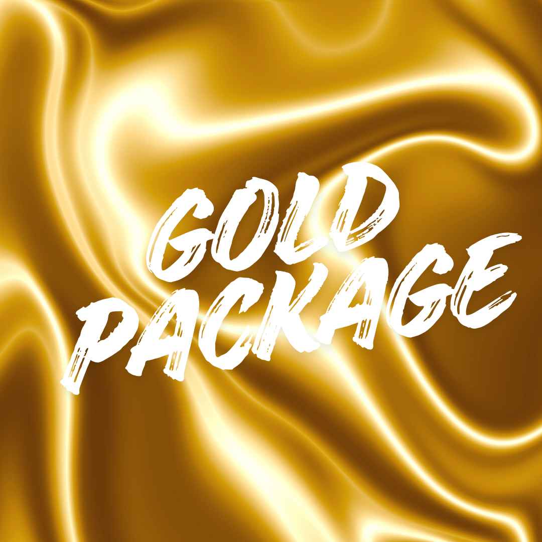 Golden silk fabric background with white handwritten style text that says 'GOLD PACKAGE'.