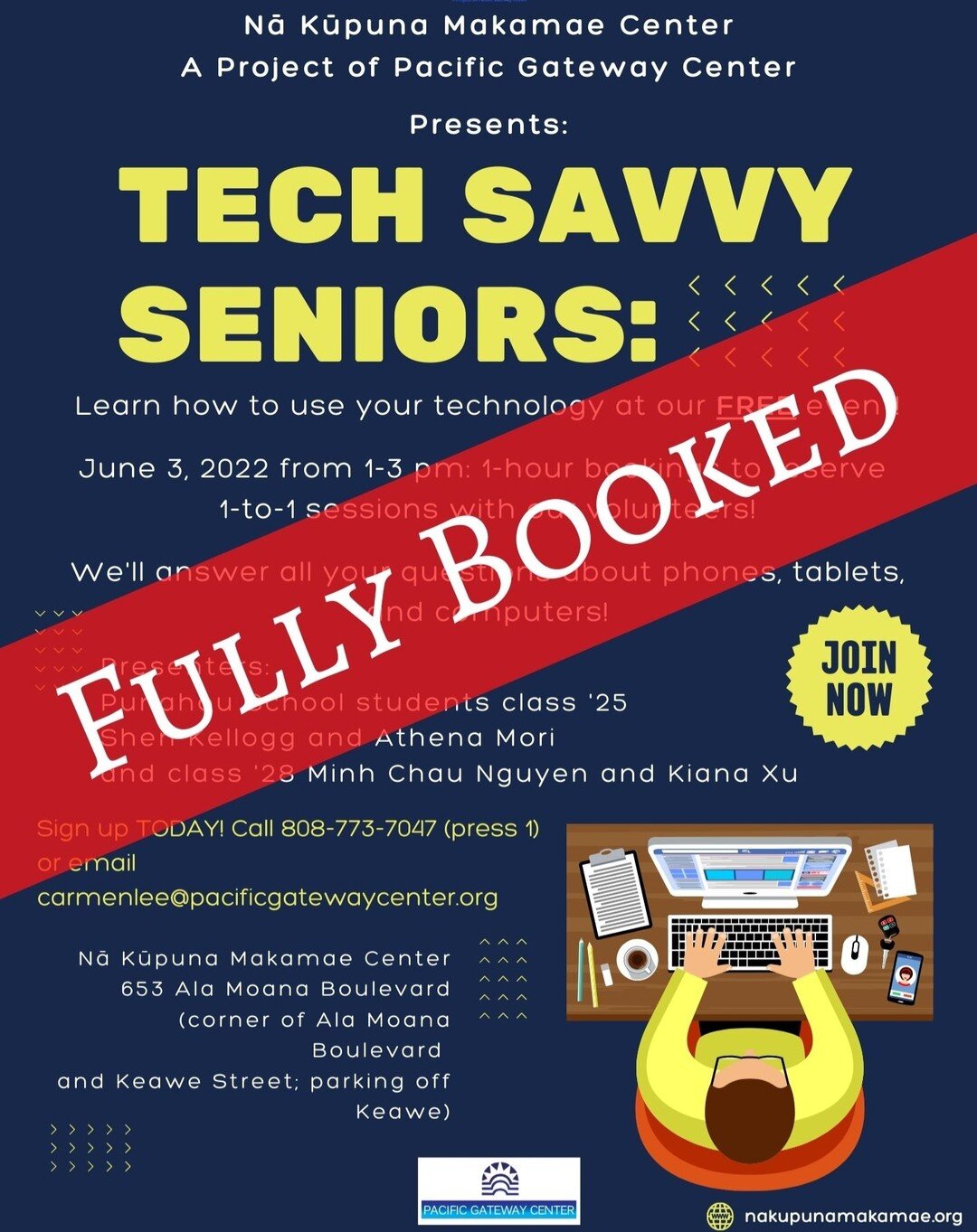 Mahalo everyone! Tech Savvy Seniors for this Friday (6/3/22) is fully booked. Please keep an eye out for our next Tech-Savvy course.

We still have spots available for the Watercolor Workshop from 3-4pm. Click on the flyer on our website for more inf