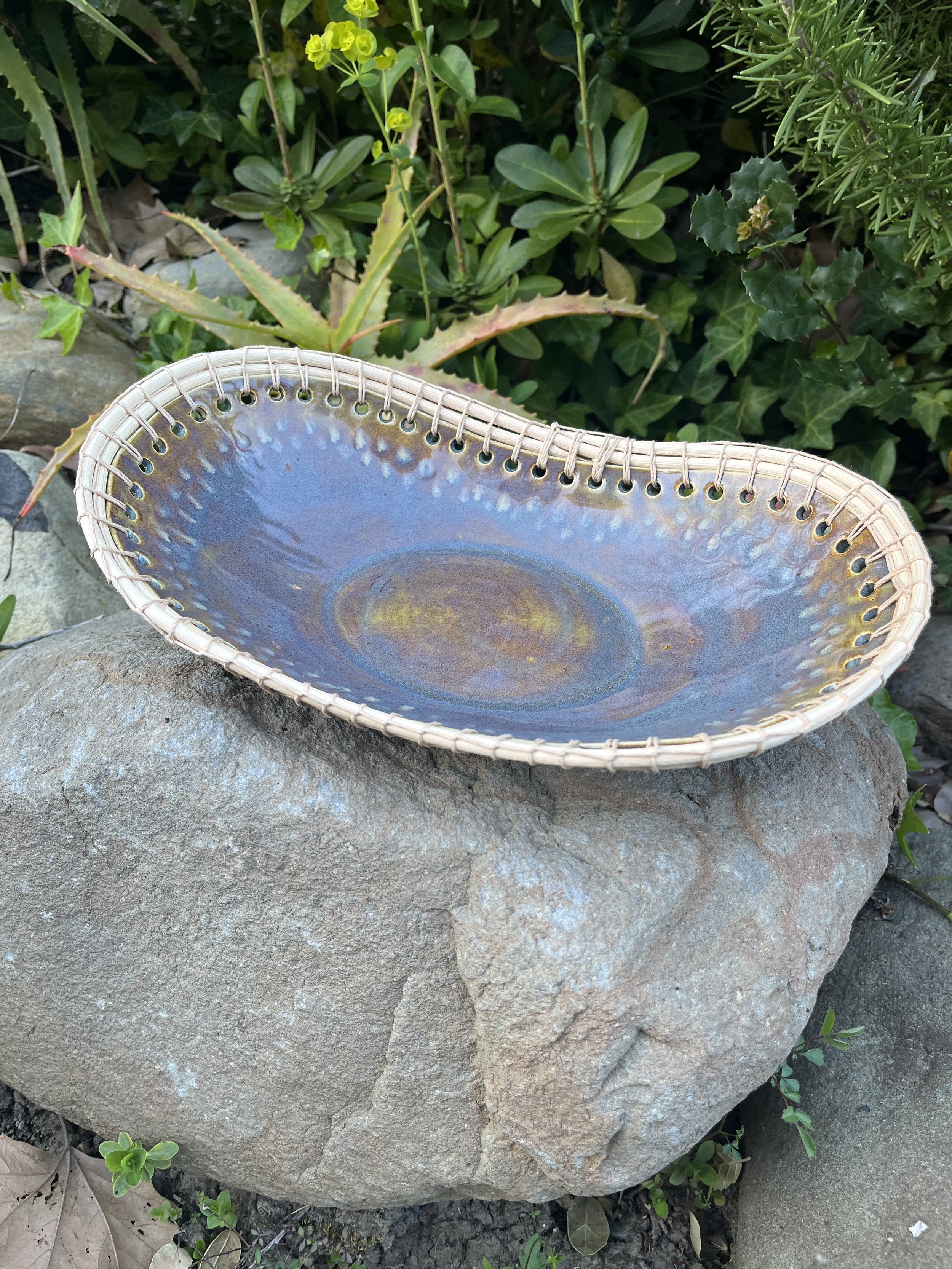 Oval bowl with basketry, gray/brown