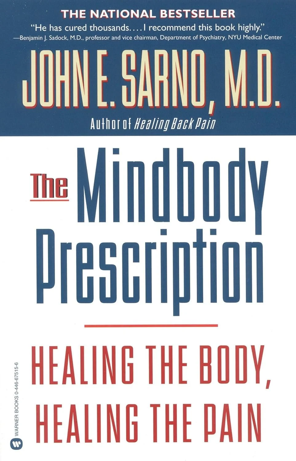Book cover of "The Mindbody Prescription" by John E. Sarno, M.D., with quotes praising the author and a subtitle about healing the body and pain.
