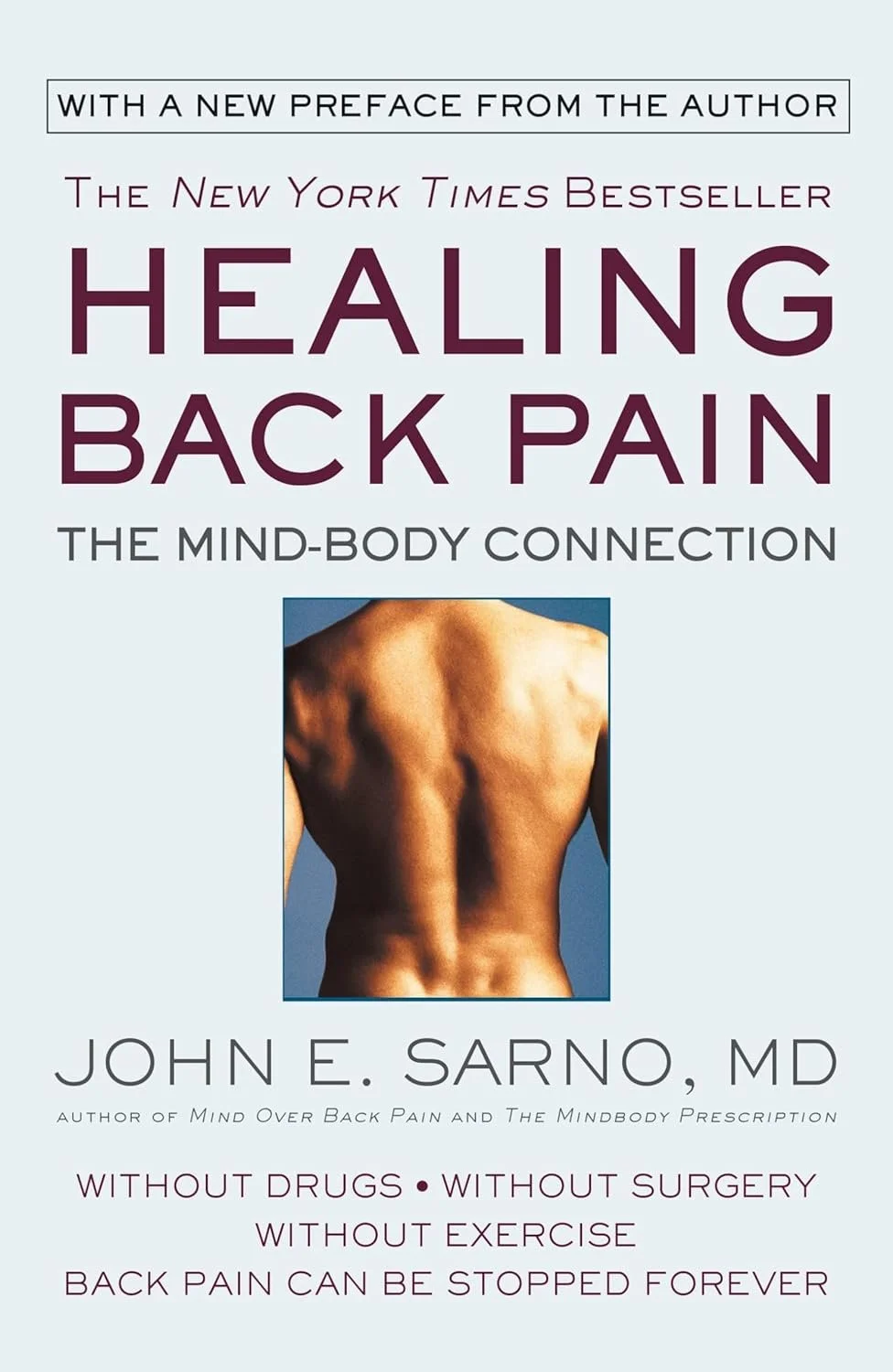 Book cover for 'Healing Back Pain' by John E. Sarno featuring a human back and shoulder muscles.
