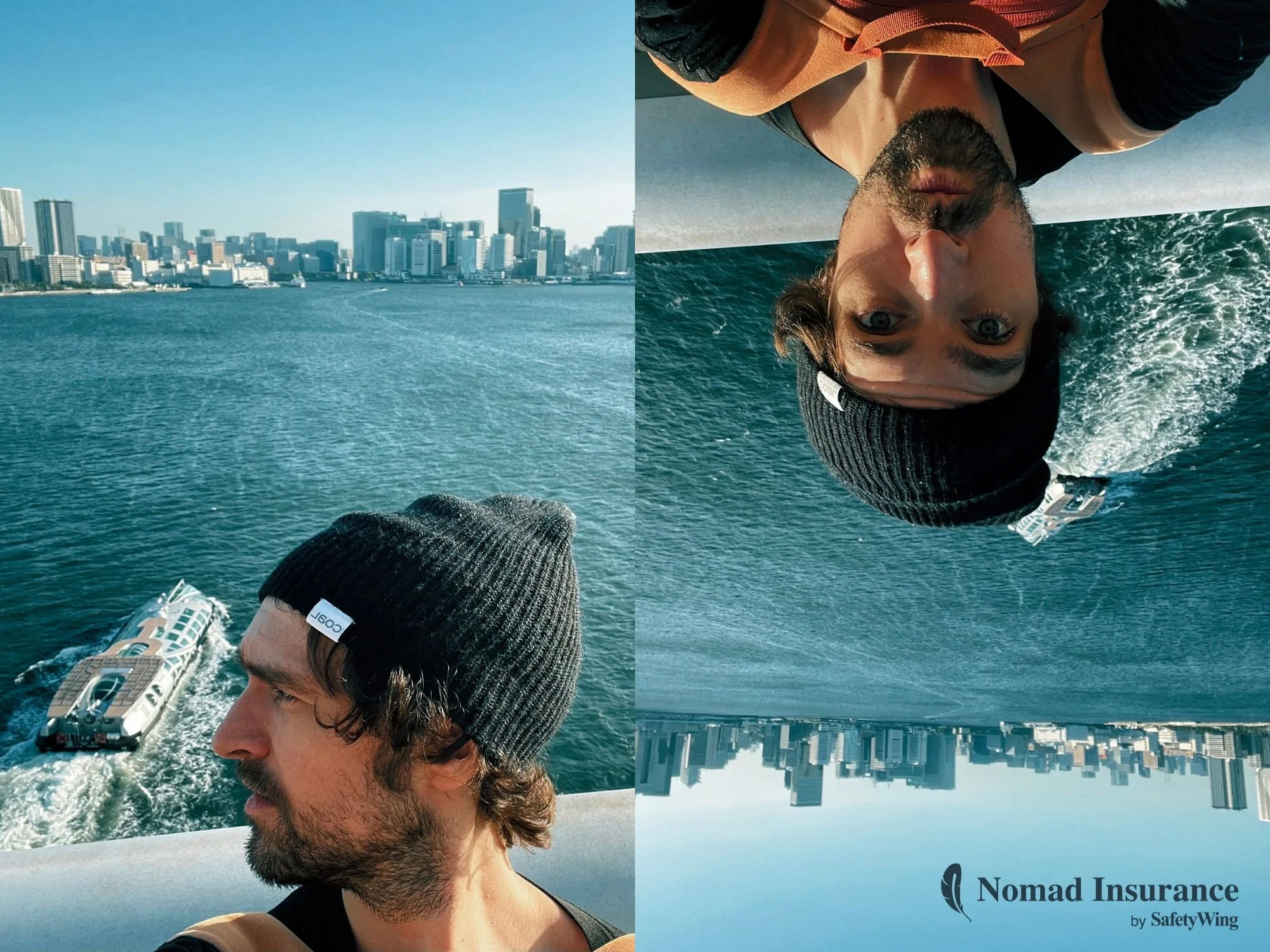 Two selfies of the author on the Rainbow Bridge in Tokyo with the SafetyWing logo in the corner.