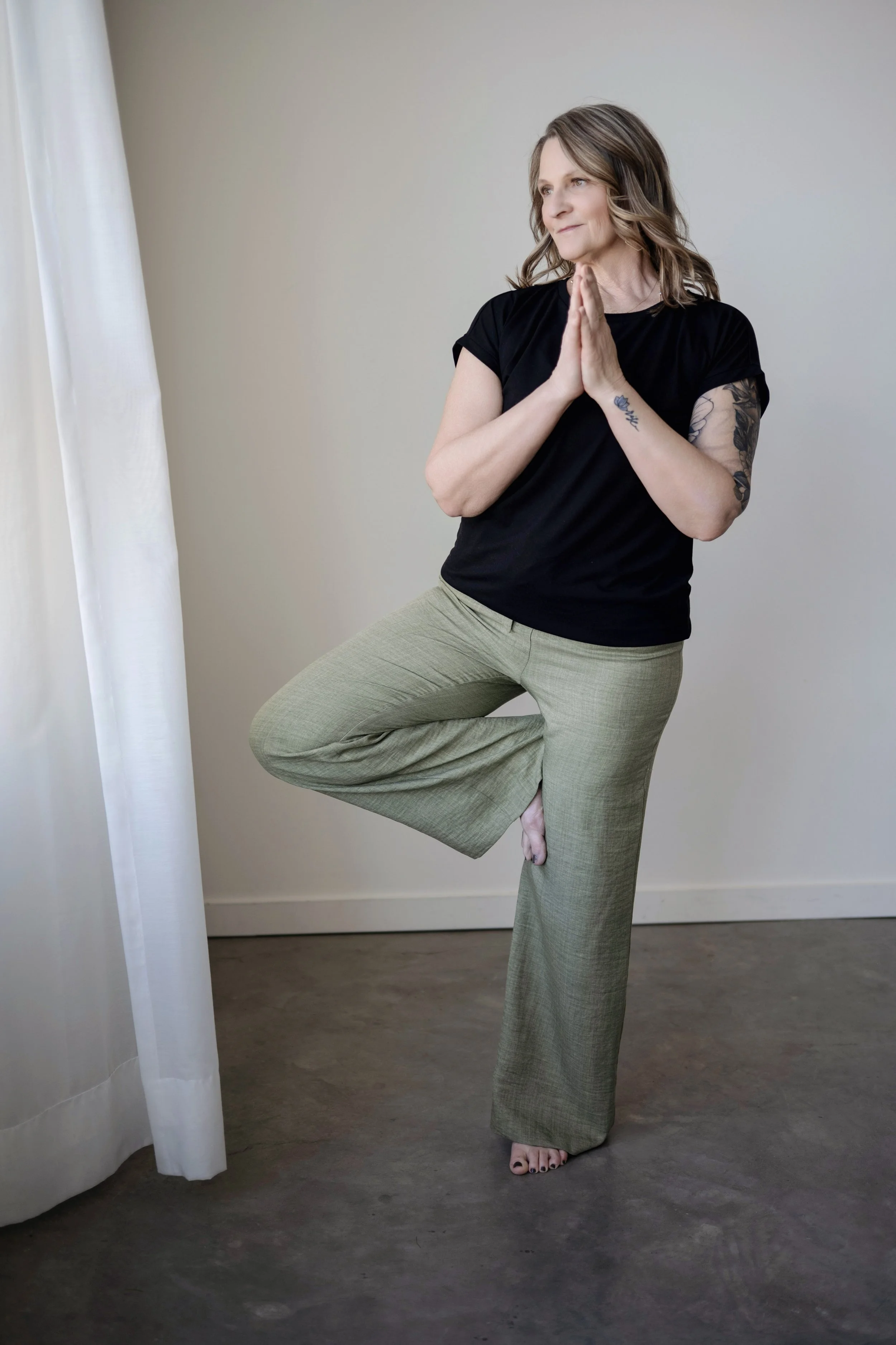Tree pose yoga sessions with Jacqueline Dupont at The Art of Rest in Chestermere, Alberta