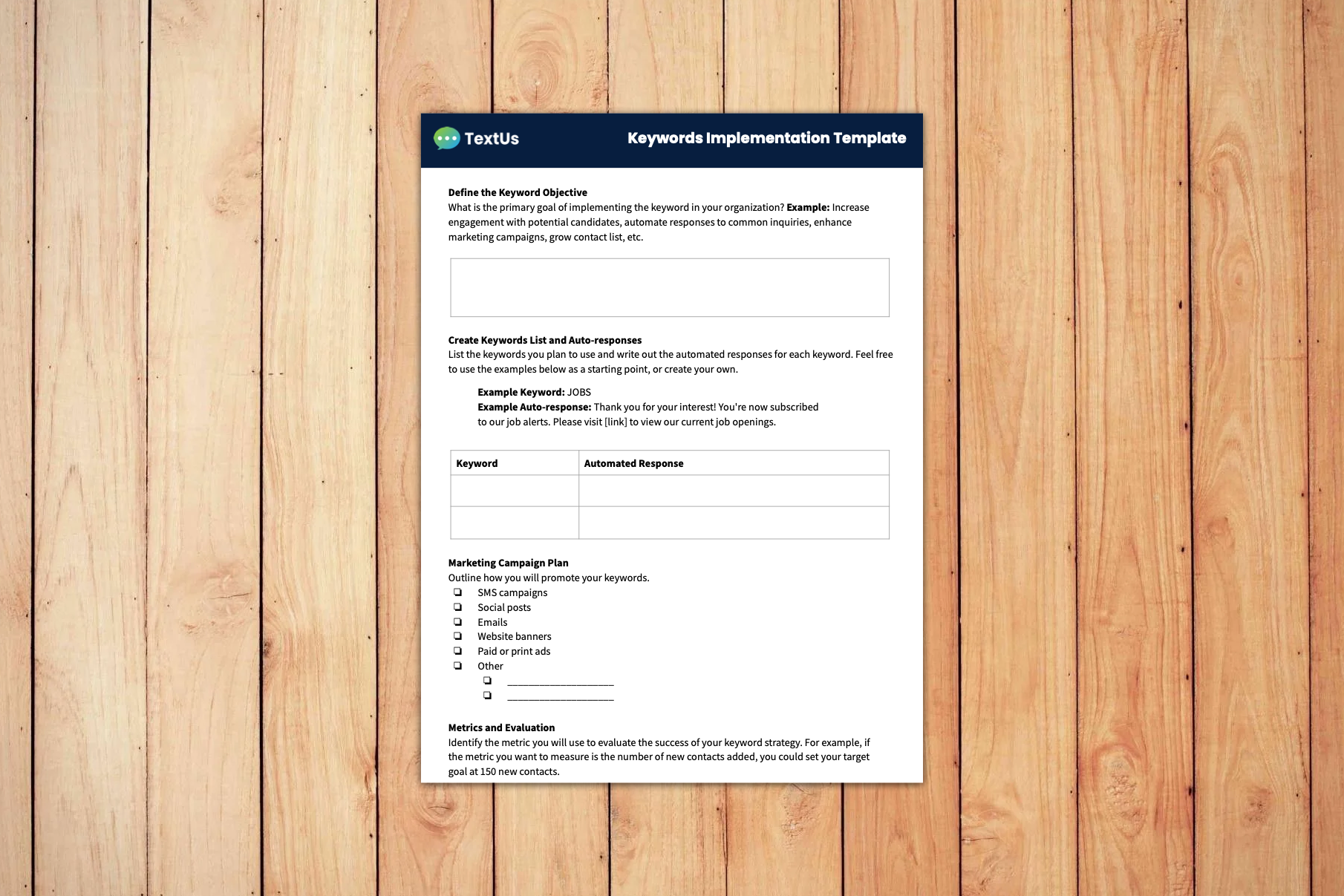 Template one-sheet to help customers quickly get up and running using the TextUs Keywords feature.