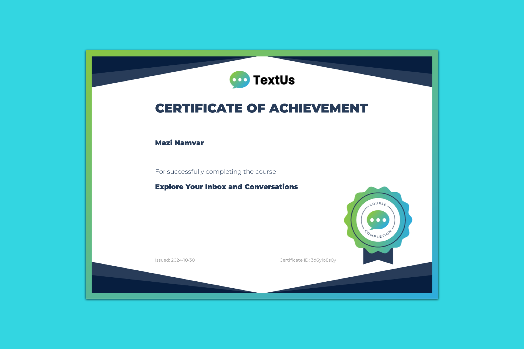 Certificate of Achievement for the Explore Your Inbox and Conversations elearning course.