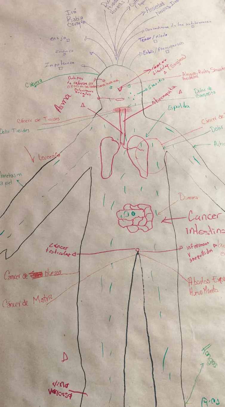 Dibujo de un cuerpo humano con anotaciones en español. Incluye áreas del cuerpo como cabeza, pecho, abdomen, piernas, y hombros, con notas sobre posibles enfermedades y síntomas como cáncer, dolor, y ganglios, entre otros.