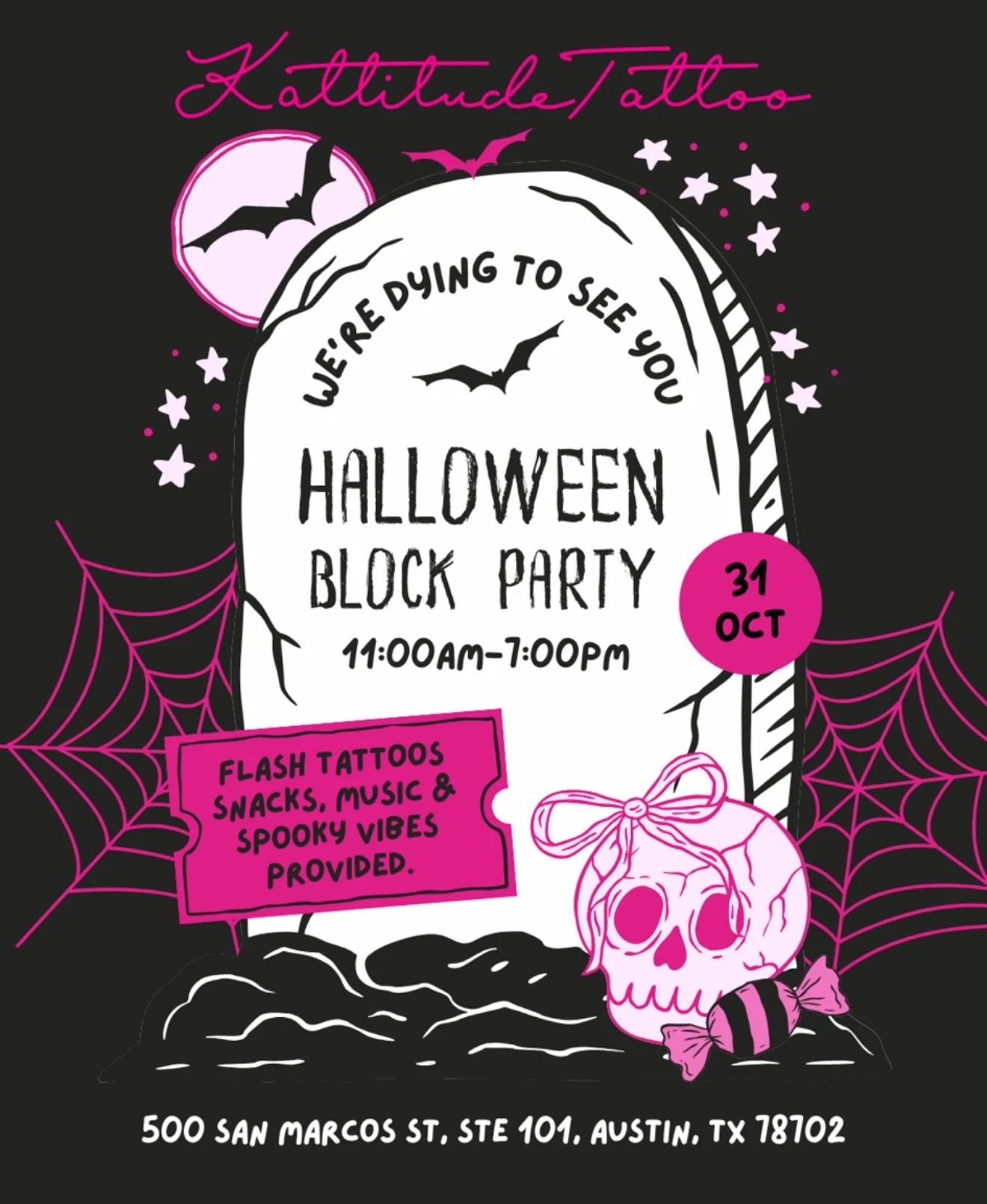Come spend Halloween Day with us @kattitude_studio this Friday from 11AM-7PM! π We will be part of a block party including our neighbors and local favorites like @thebrewandbrew @staxaustin @capebottleroom and others! 
π» Rules for our flash day: