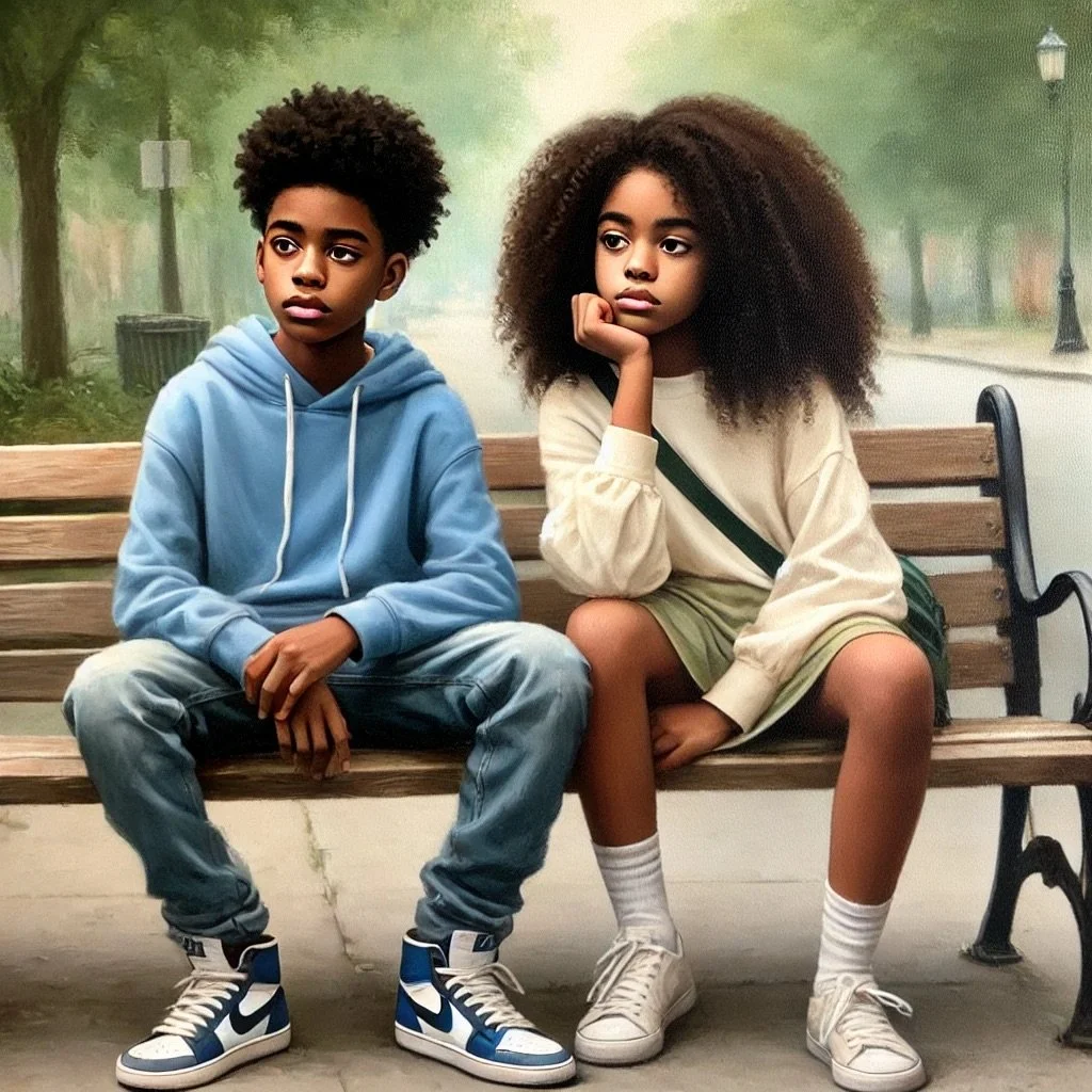 Rendered ChatGPT/DALL-E painting of a 13-year-old black boy and girl sitting together, looking thoughtful and pensive as they ponder life’s challenges
