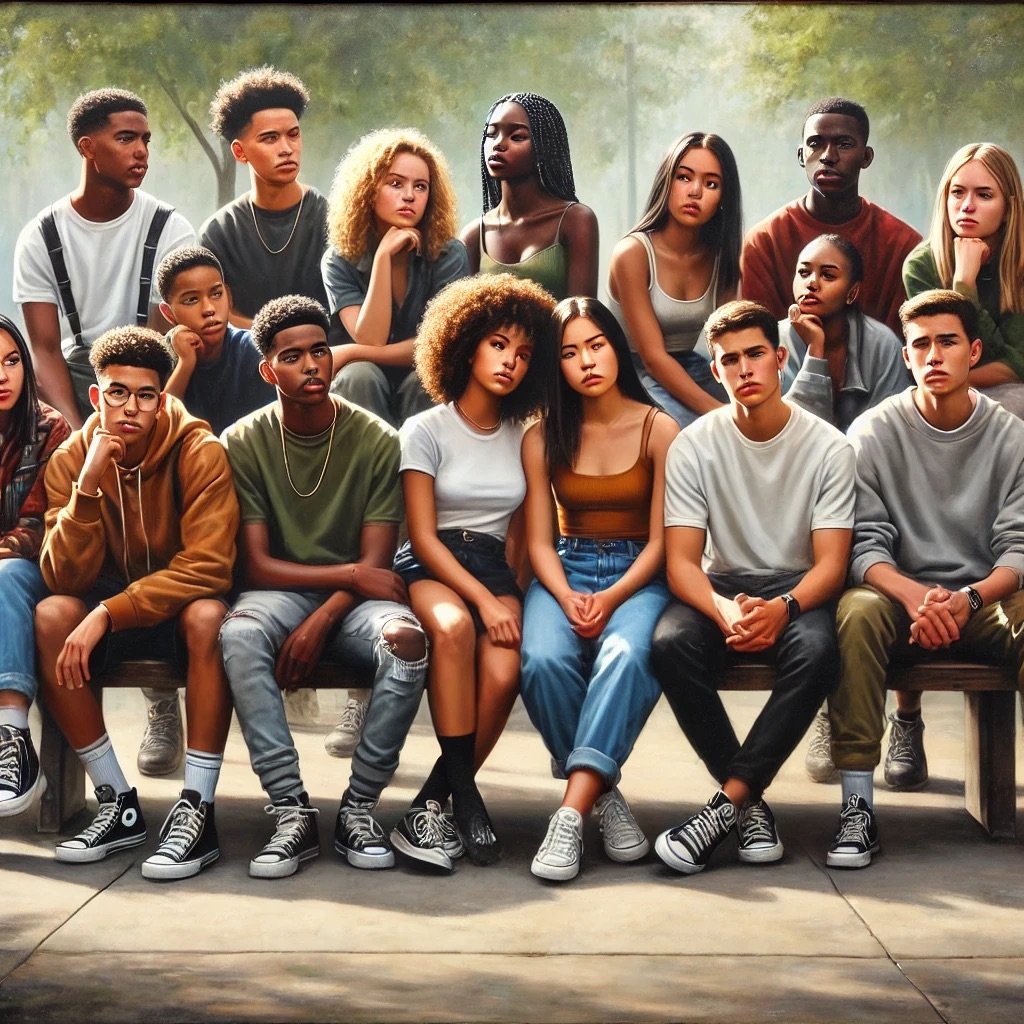 Rendered from ChatGPT DALL-E painting of a group of 16 to 18-year-olds from multiple nationalities, sitting together and pondering life’s challenges.
