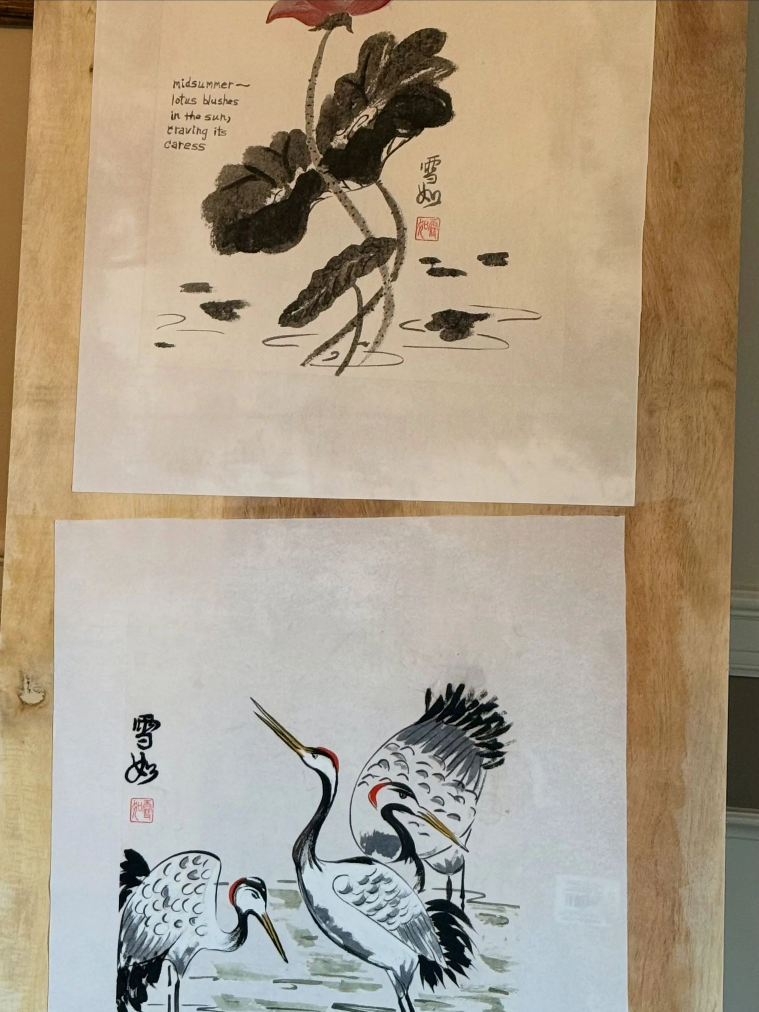 Day 3, mounting paintings. These are drying overnight on a wood board in the dining room. Learned so much by doing&mdash;glue paste viscosity, smoothing out bubbles, gently floating backing paper over Xuan, cutting them down and trimming, etc. Made a