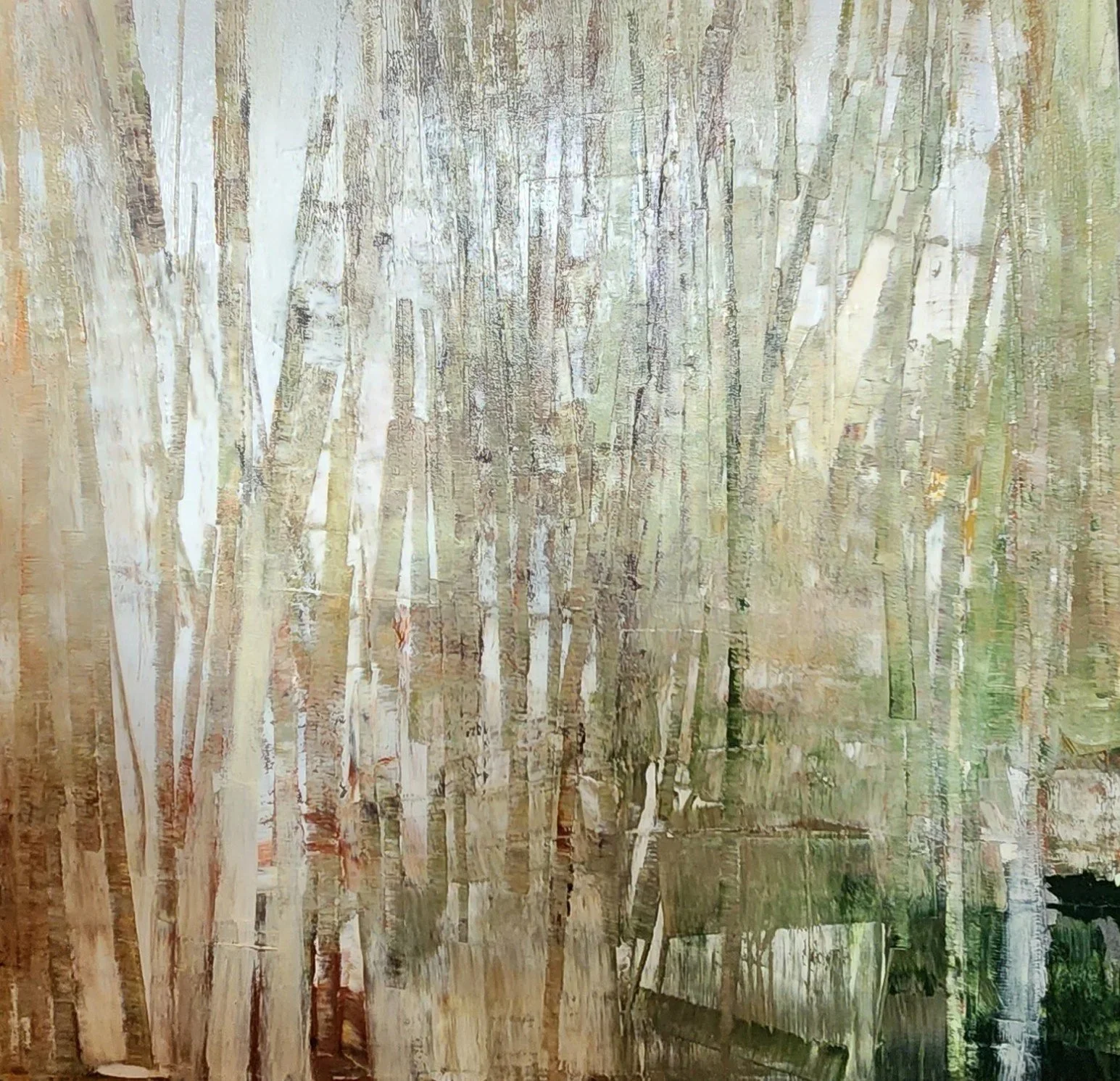 Abstract expressionist painting of tall grasses in muted greens and golds