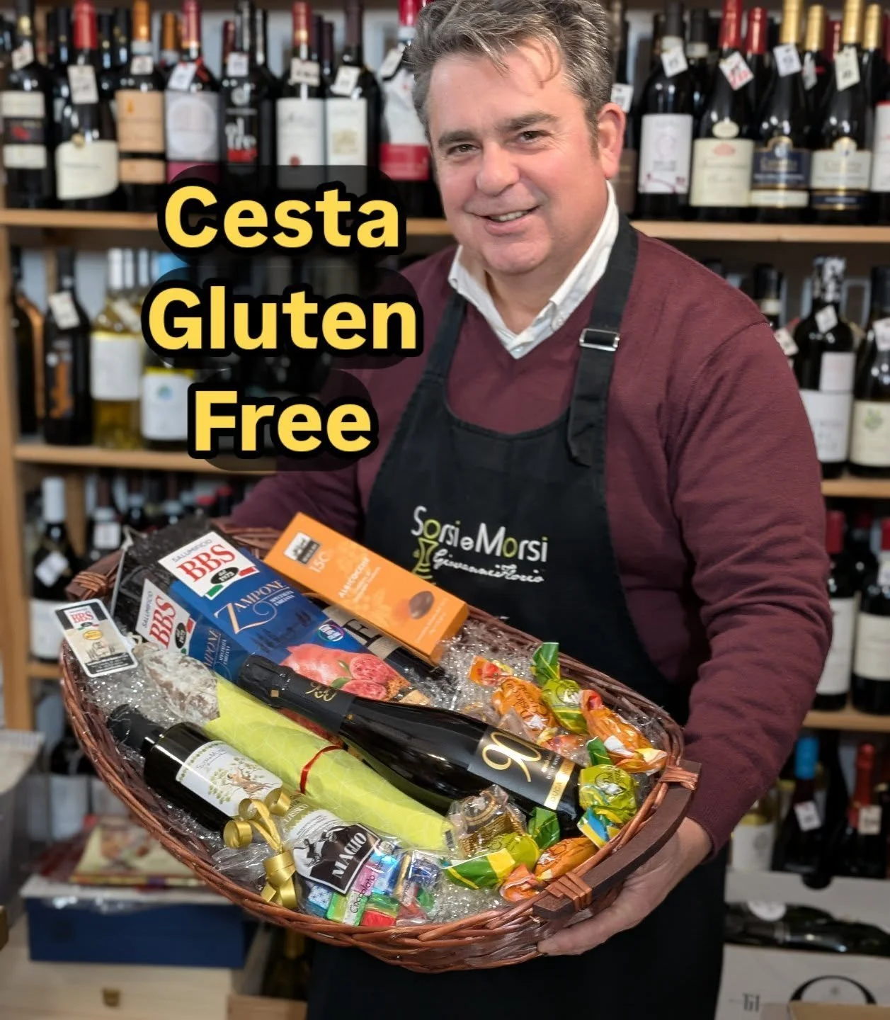 Amici e parenti celiaci? No problem. Prepariamo eleganti ceste Gluten Free con Salumi, Dolci, Cioccolato, Vino e Spumanti