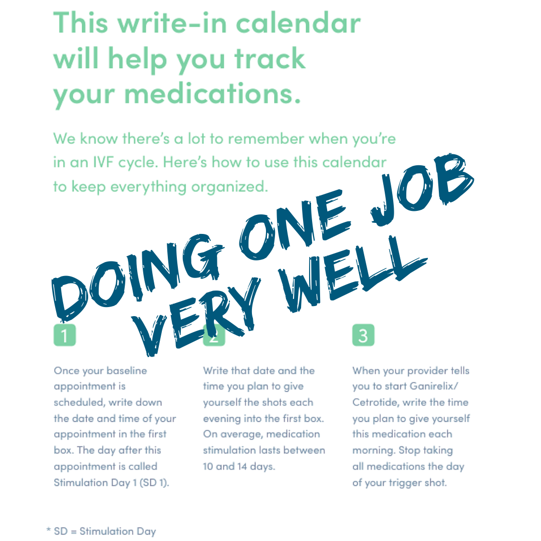       
  
   
 Doing one job very well 
 I was impressed by this IVF Medication Calendar by Highmark Health. It won the Fillable Materials category in the USA ClearMark Awards this year.  Simple pamphlet that makes it easier to self-administer meds  